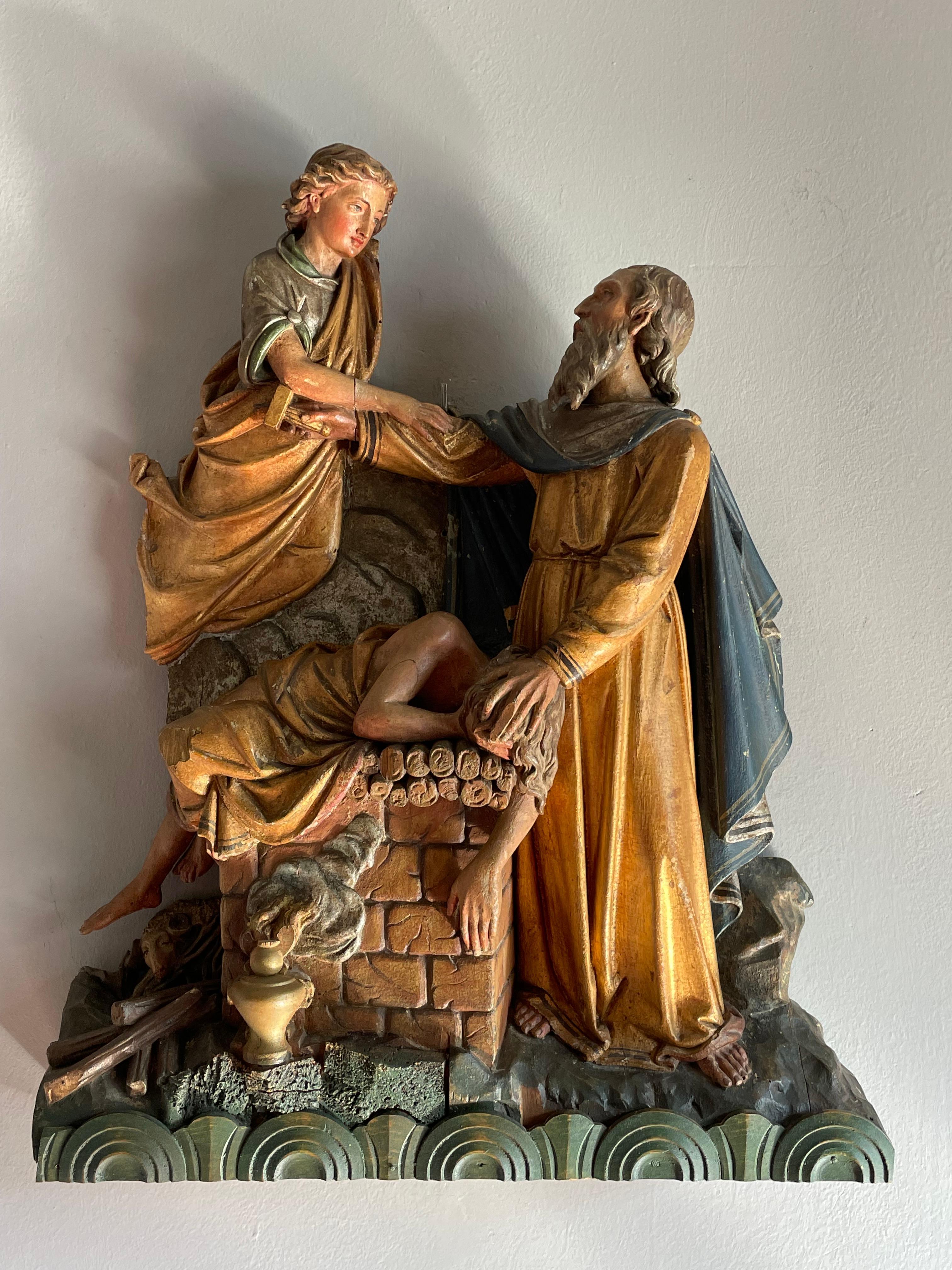 Antique Religious Church Sculpture / Carving of Abraham Offering Isaac w. Angel For Sale 9