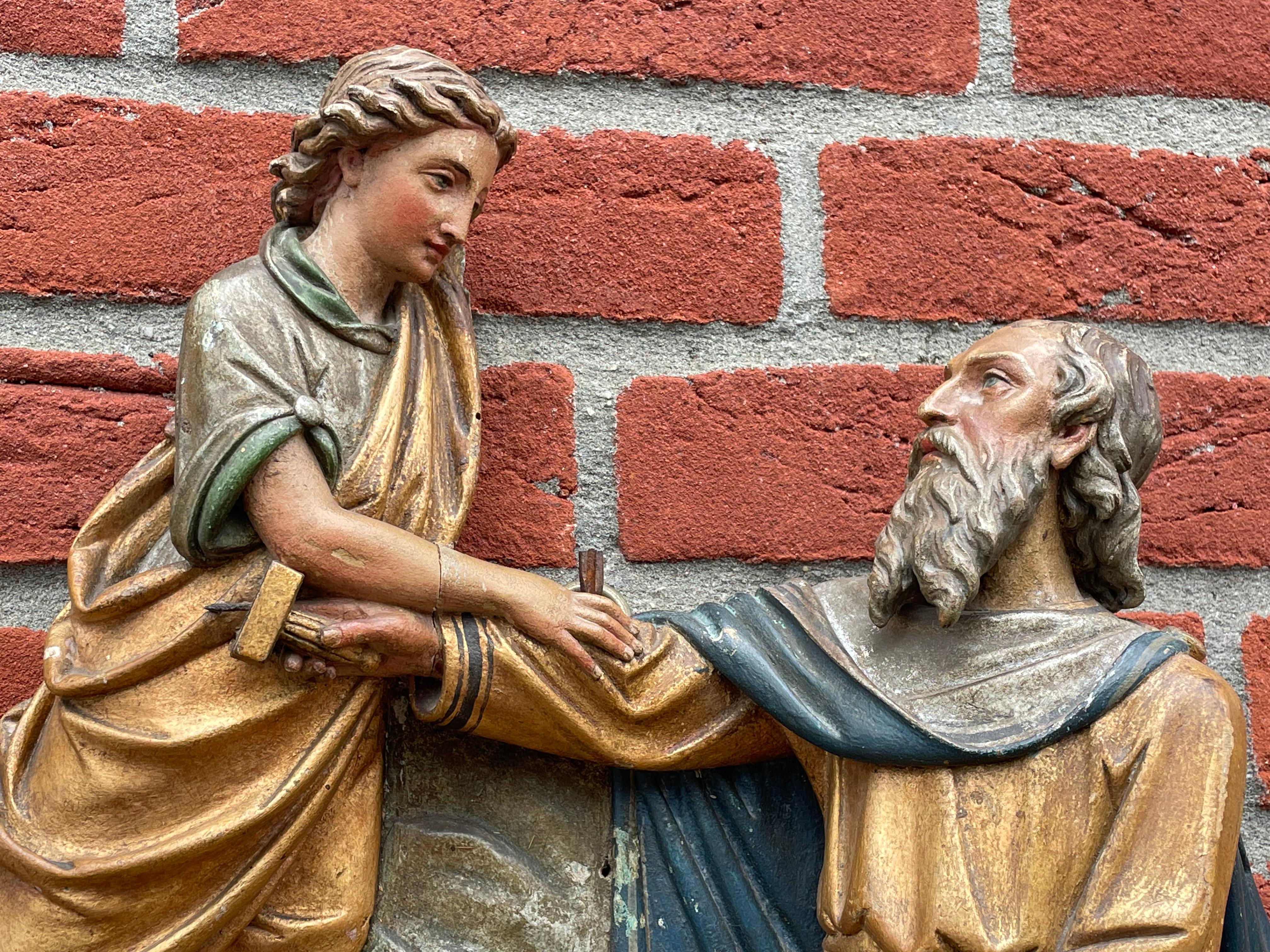 Fait main Sculpture religieuse ancienne d'église / sculpture d'Abraham offrant Isaac avec Ange en vente
