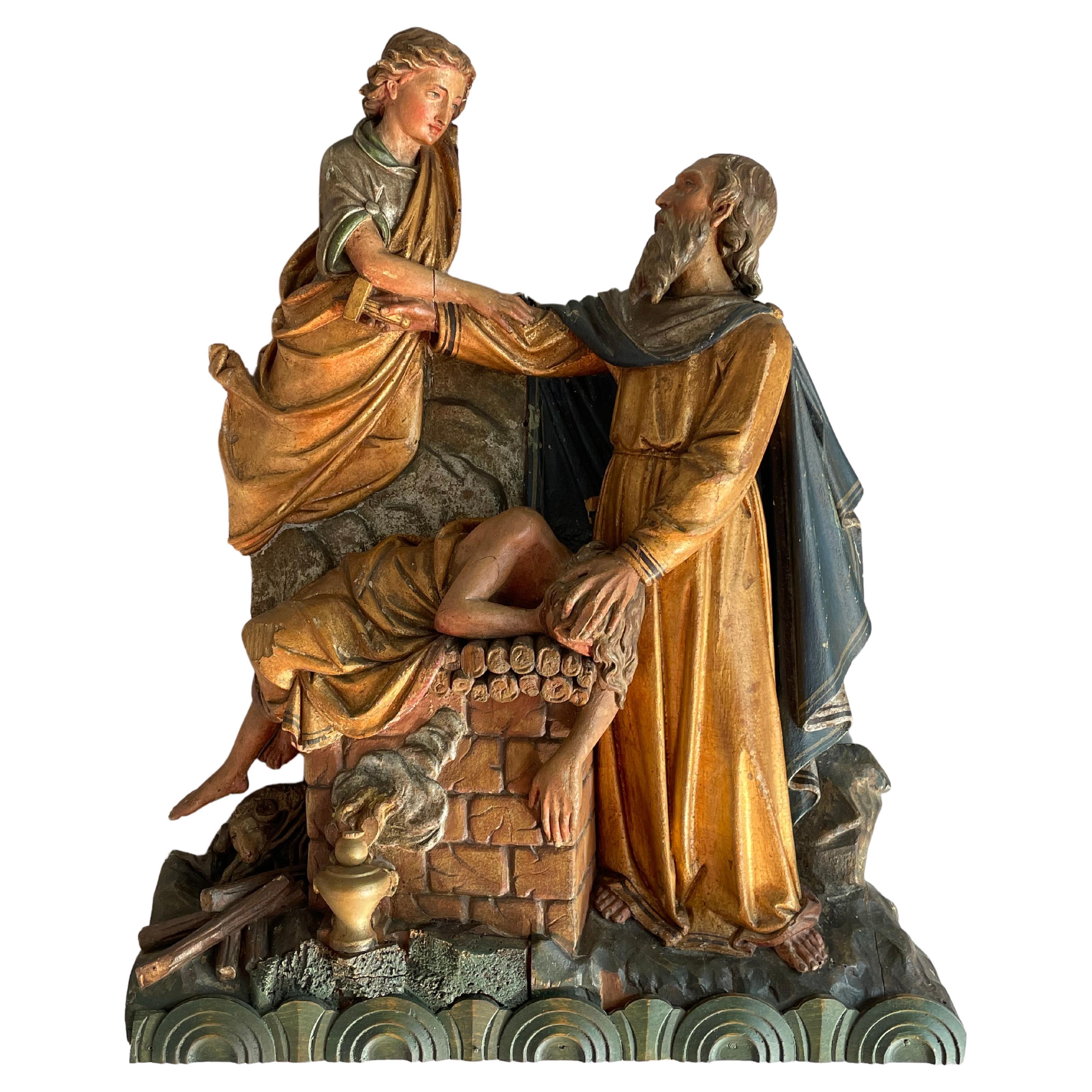 Antique Religious Church Sculpture / Carving of Abraham Offering Isaac w. Angel For Sale