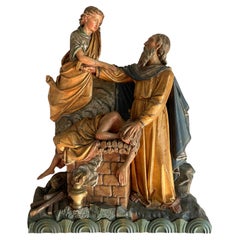 Antique Religious Church Sculpture / Carving of Abraham Offering Isaac w. Angel