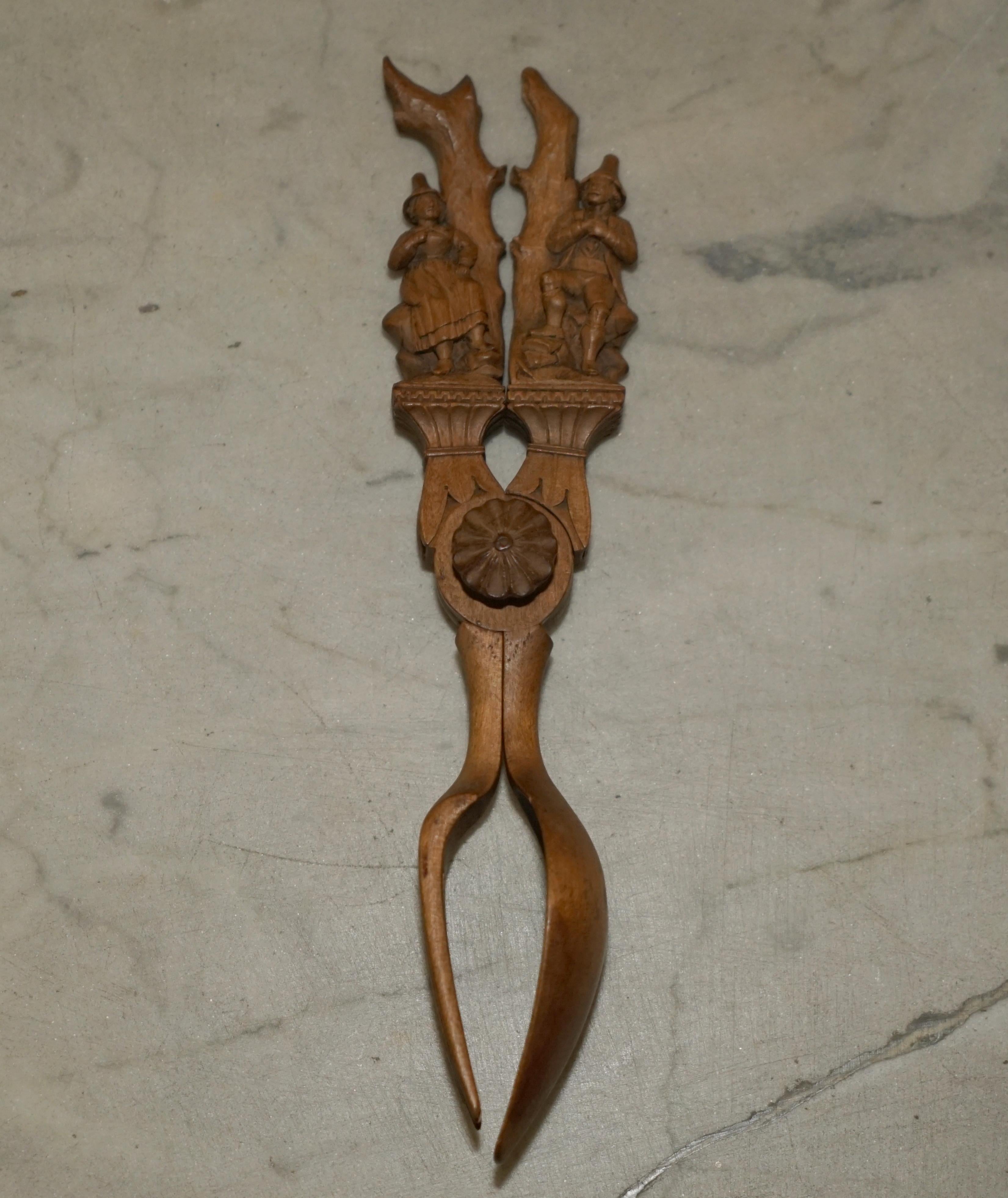 Antique Hand Carved circa 1880 Austrian Spoon Fork Scissors Combo for Salads 14