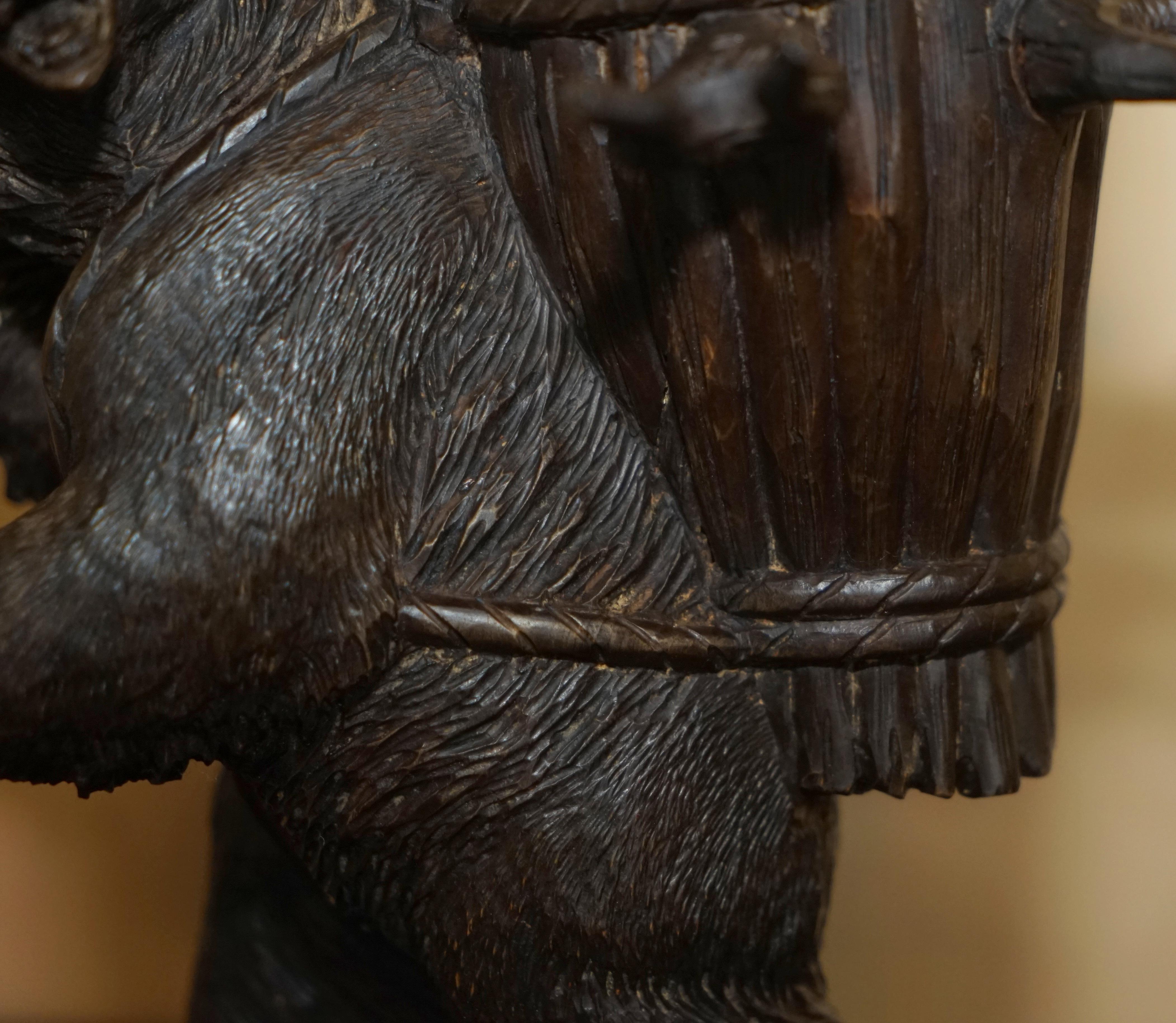 Antique Hand Carved circa 1880 Black Forest Bear Musical Drinks Decanter Glasses 5