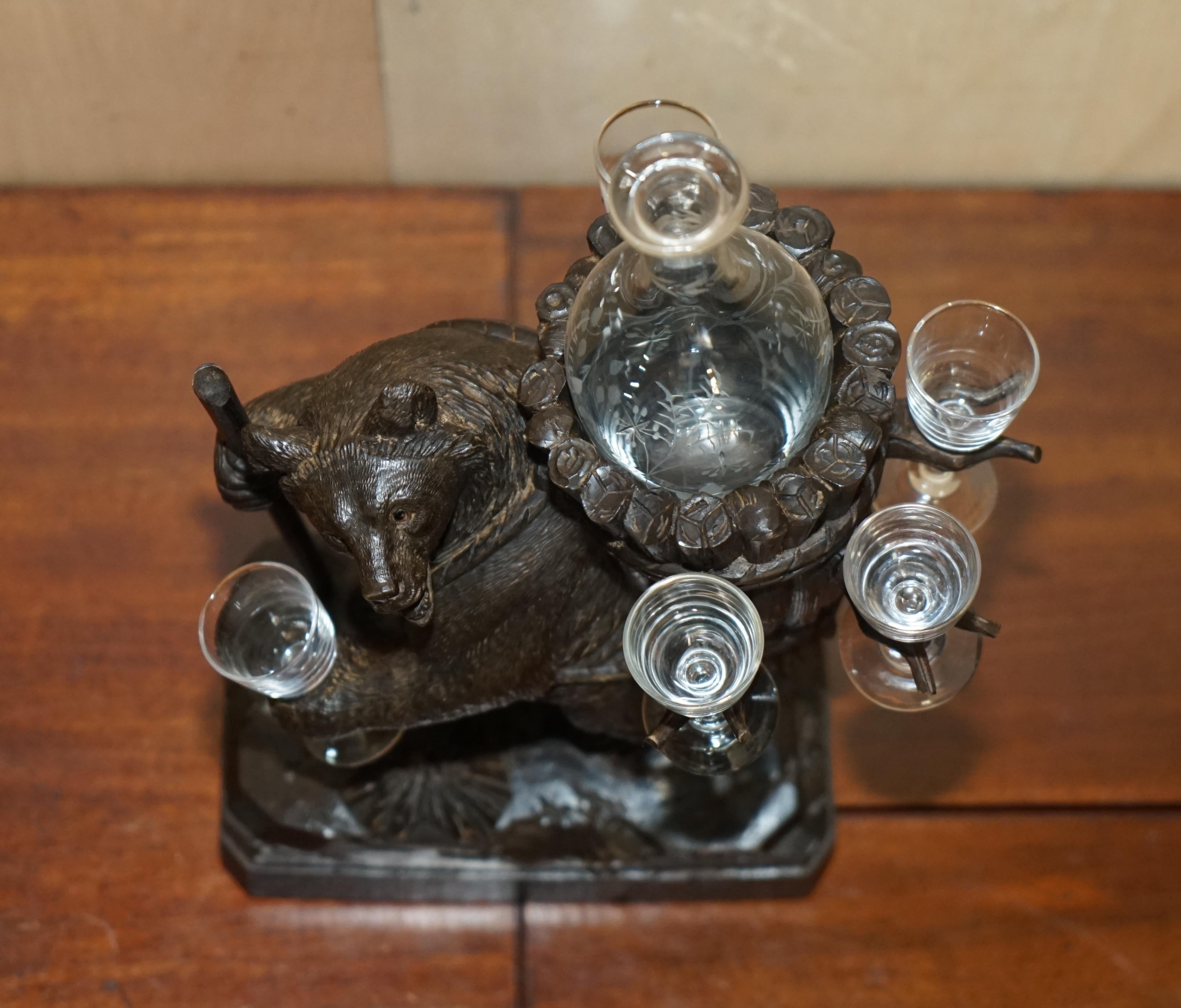 European Antique Hand Carved circa 1880 Black Forest Bear Musical Drinks Decanter Glasses