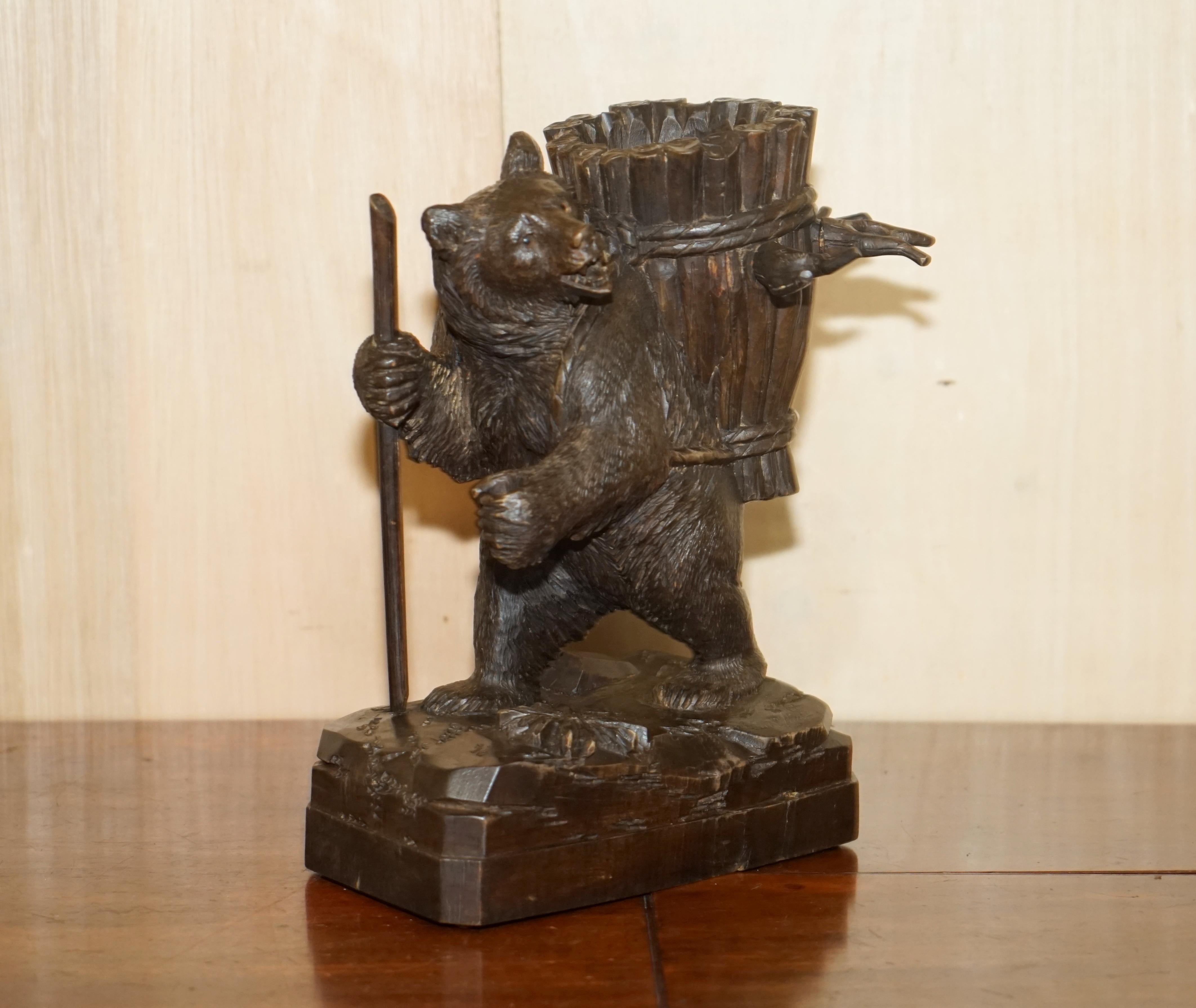 Hand-Crafted Antique Hand Carved circa 1880 Black Forest Bear Musical Drinks Decanter Glasses