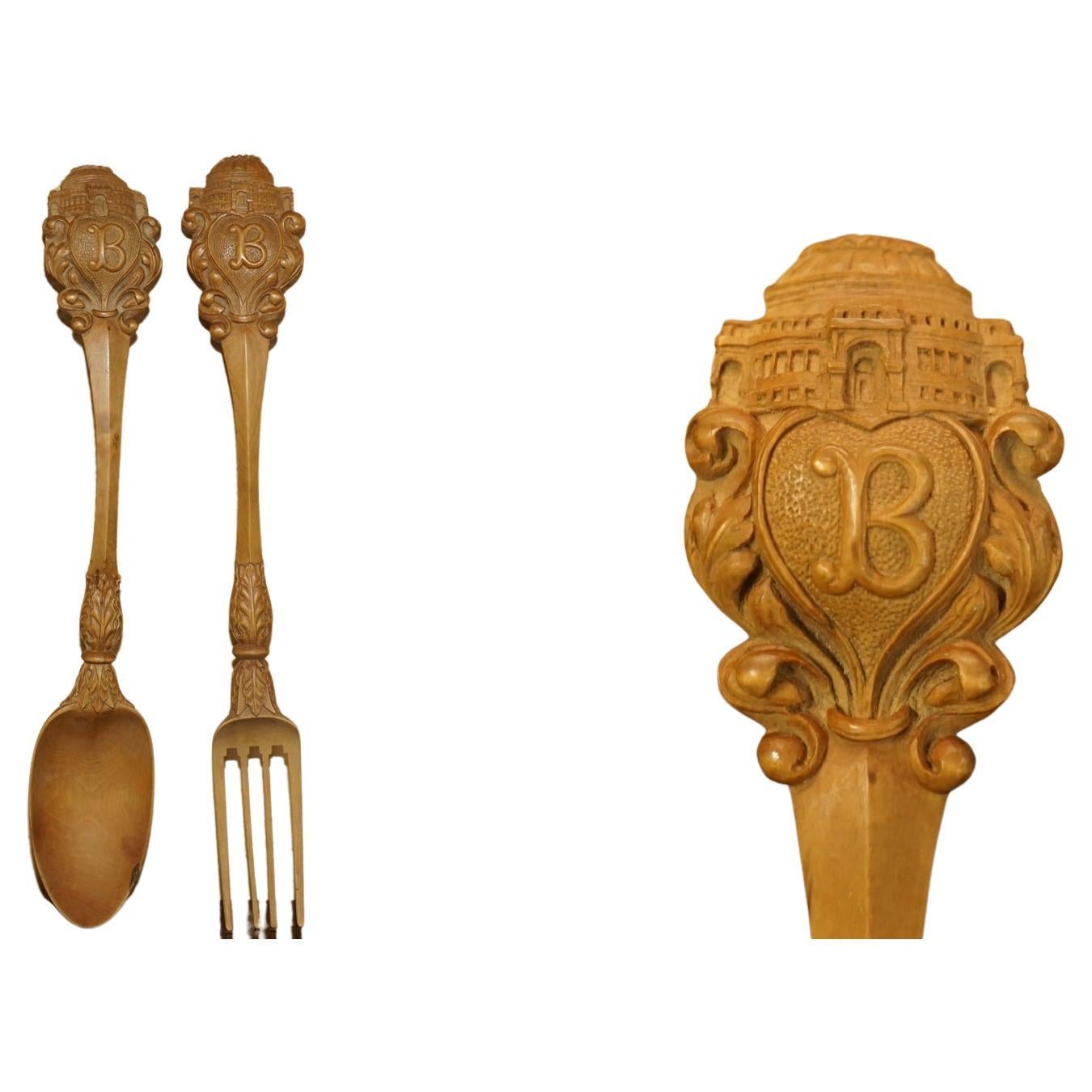 ANTIQUE HAND CARVED CIRCA 1900 ROYAL ALBERT HALL RETIREMENT GiFT FORK & SPOON