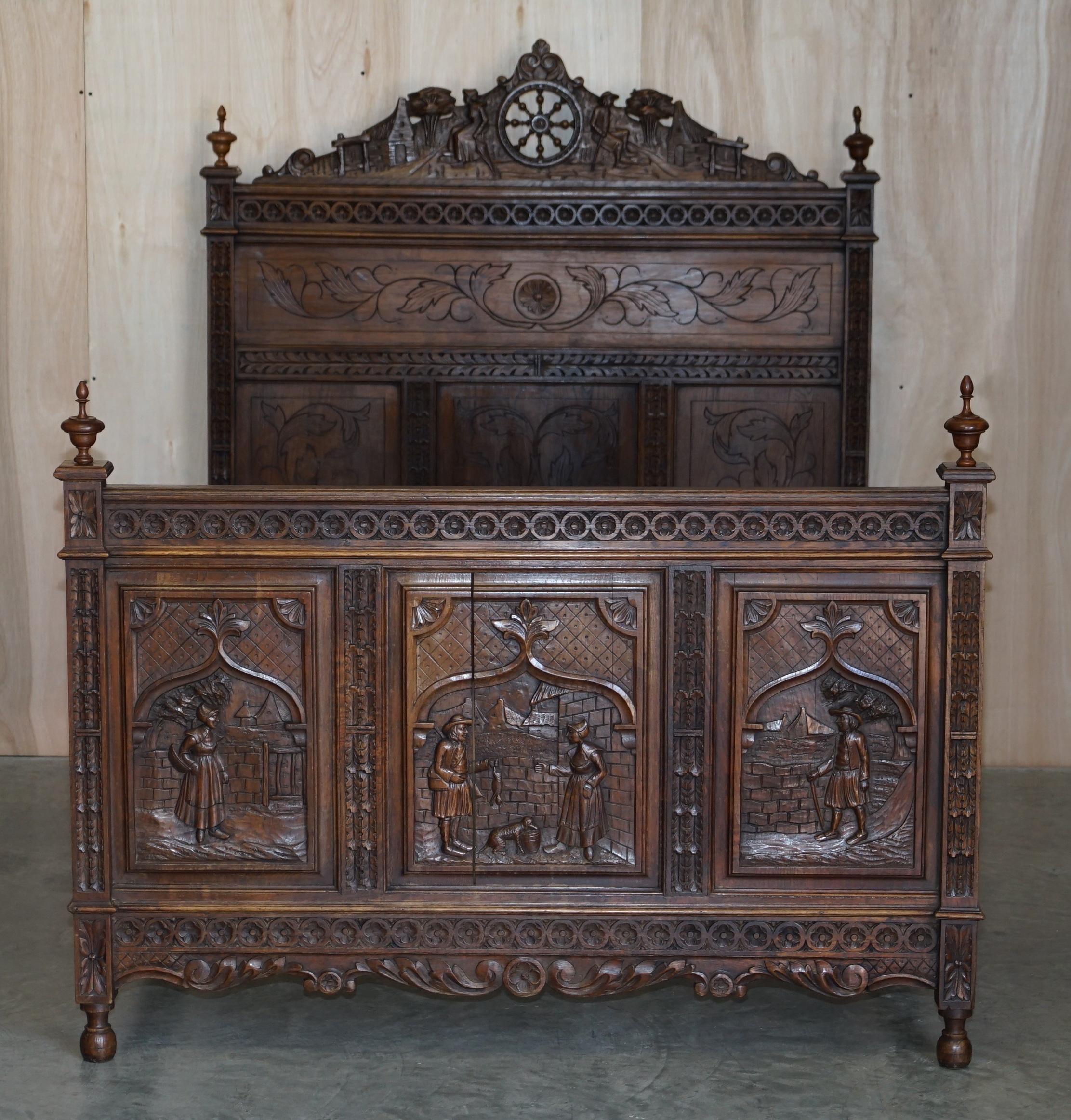 High Victorian Antique Hand Carved Continental Oak Frame Bedstead Very Nicely Sculpted Part Set For Sale