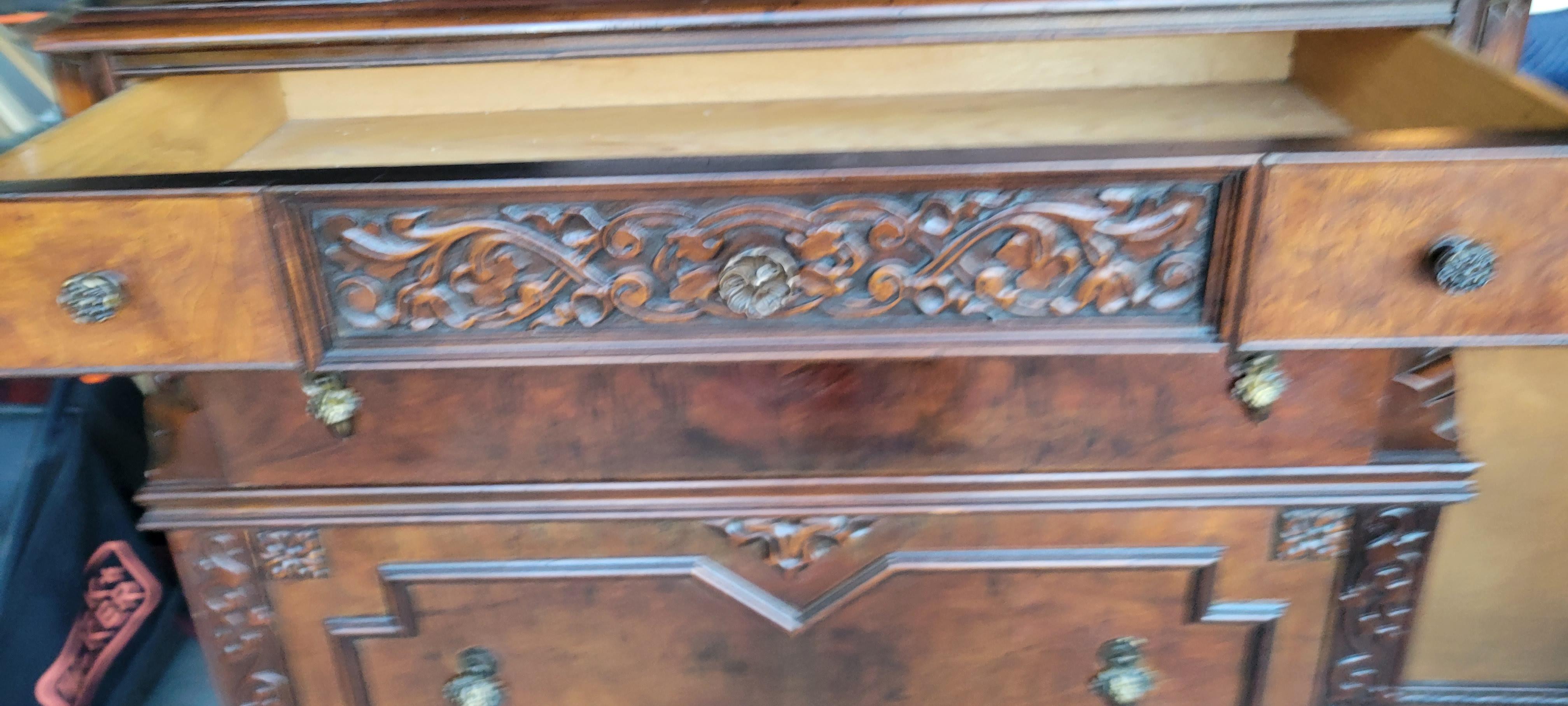 Antique Carved Walnut - Mahogany Dresser with 5 Drawers For Sale 3