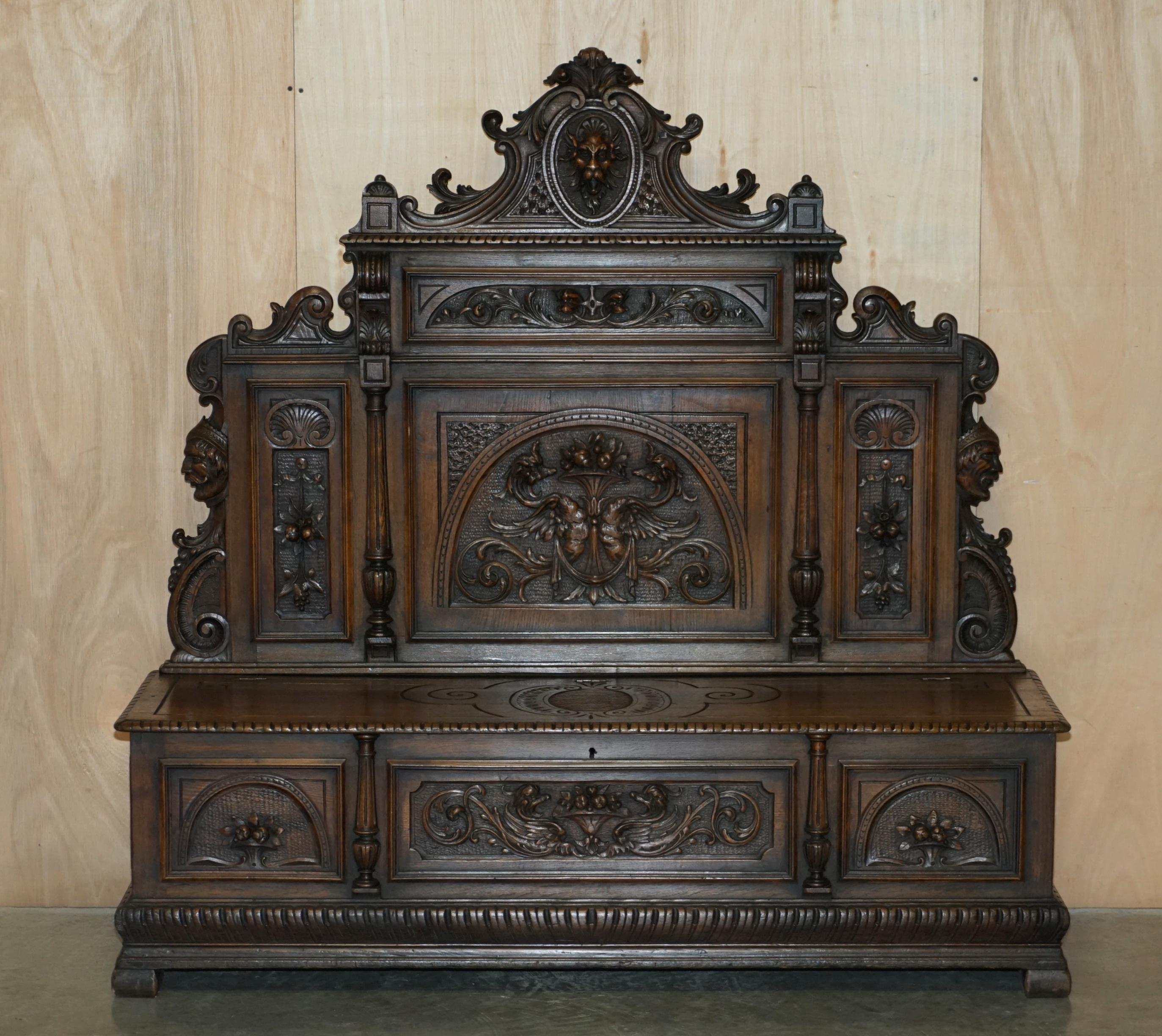 We are delighted to offer for sale this stunning hand carved circa 1860 Monks oak settle bench with internal storage.

A very good looking and well made hall bench, its a Monk Settle which is very popular and collectable, you often see them in