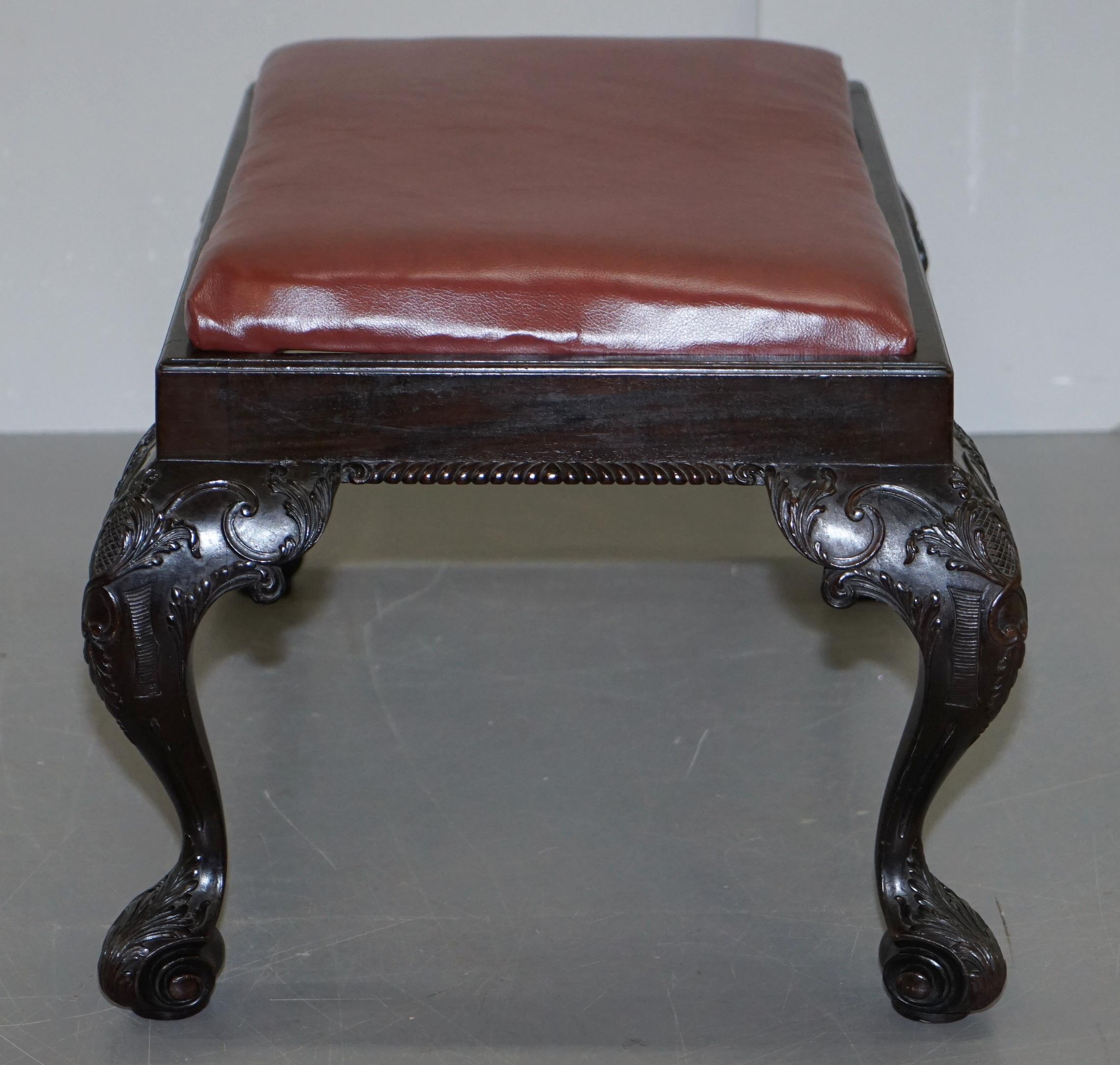 Antique Hand Carved English Georgian Claw & Ball Feet Footstool Brown Leather For Sale 4