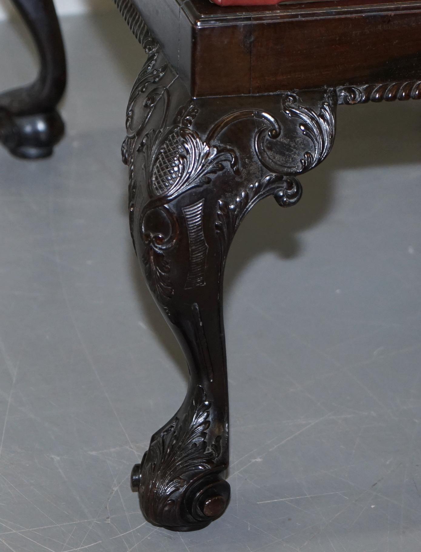 Antique Hand Carved English Georgian Claw & Ball Feet Footstool Brown Leather For Sale 5