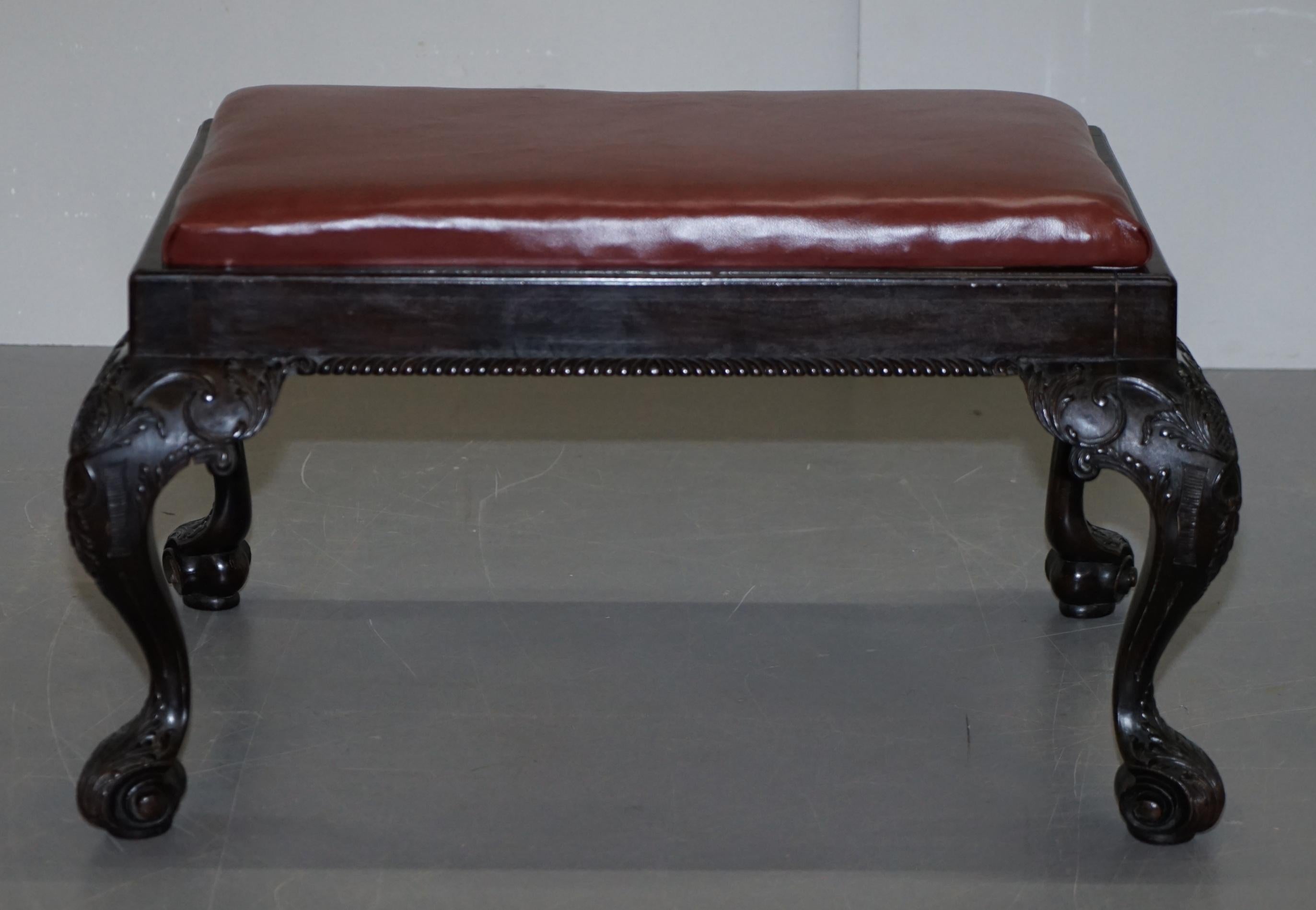 Antique Hand Carved English Georgian Claw & Ball Feet Footstool Brown Leather For Sale 7