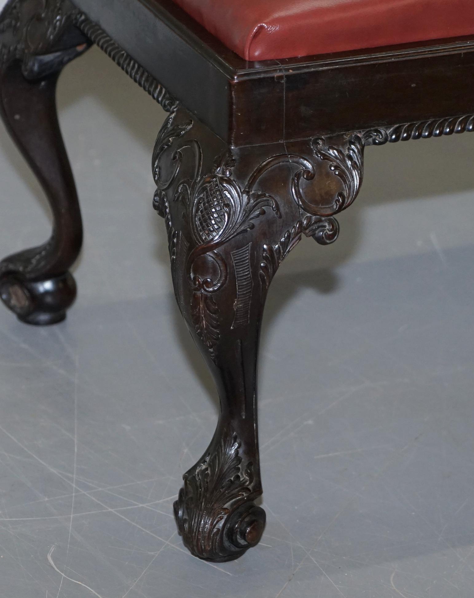 Antique Hand Carved English Georgian Claw & Ball Feet Footstool Brown Leather For Sale 8