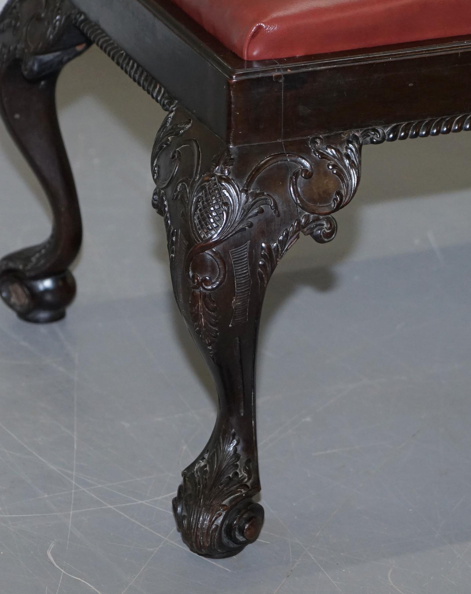 Antique Hand Carved English Georgian Claw & Ball Feet Footstool Brown Leather For Sale 7