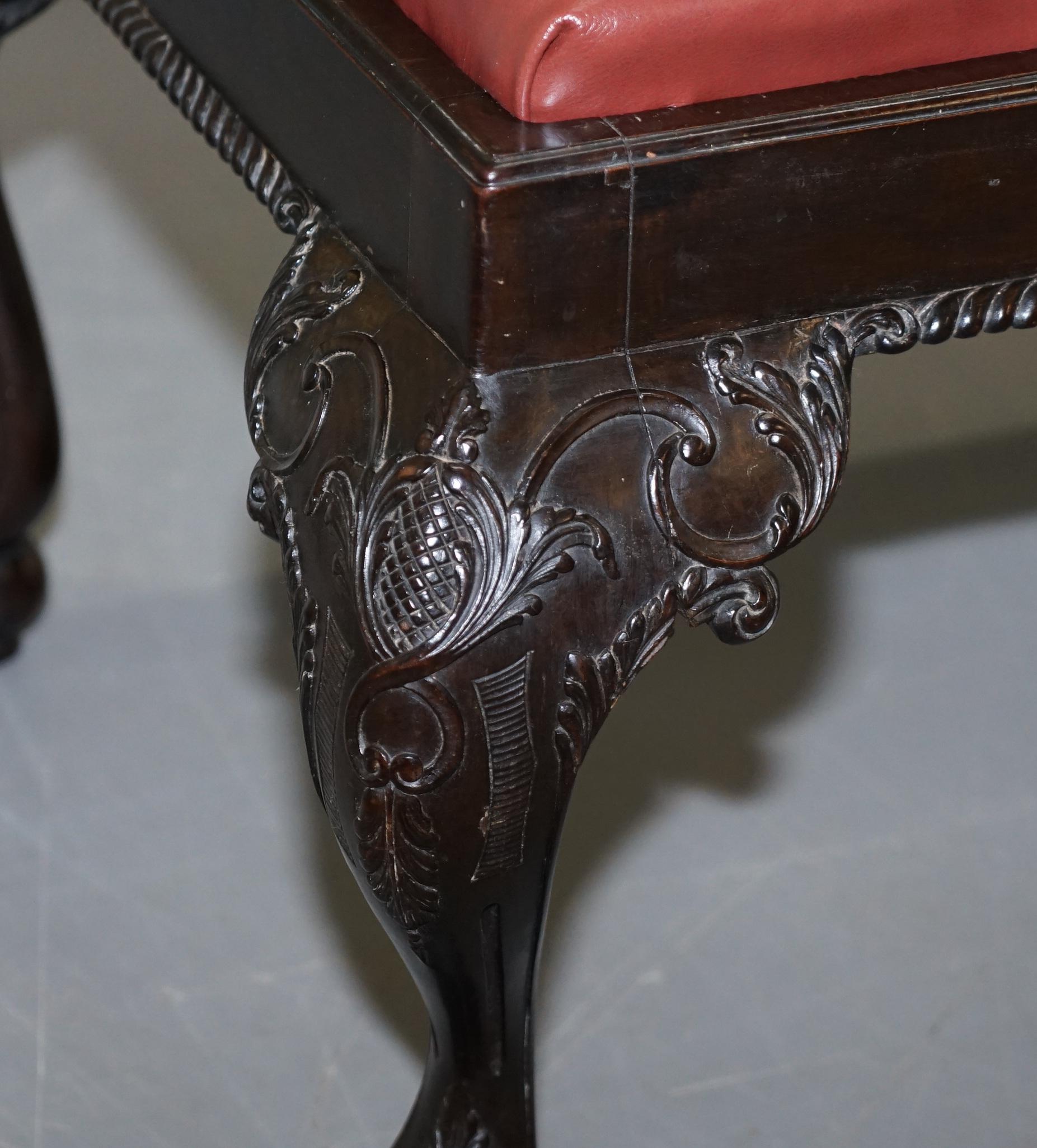 Antique Hand Carved English Georgian Claw & Ball Feet Footstool Brown Leather For Sale 9