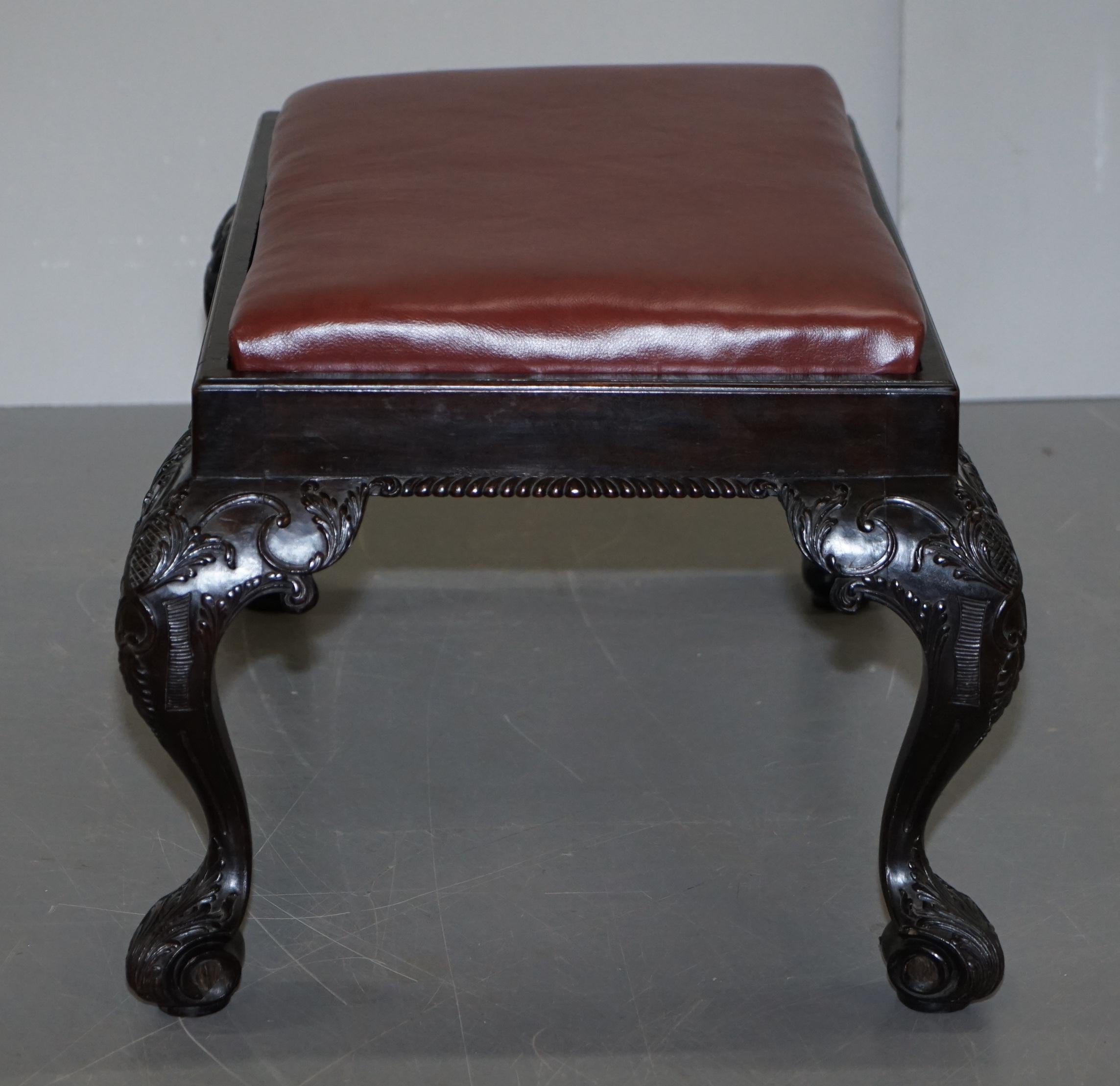 Antique Hand Carved English Georgian Claw & Ball Feet Footstool Brown Leather For Sale 11