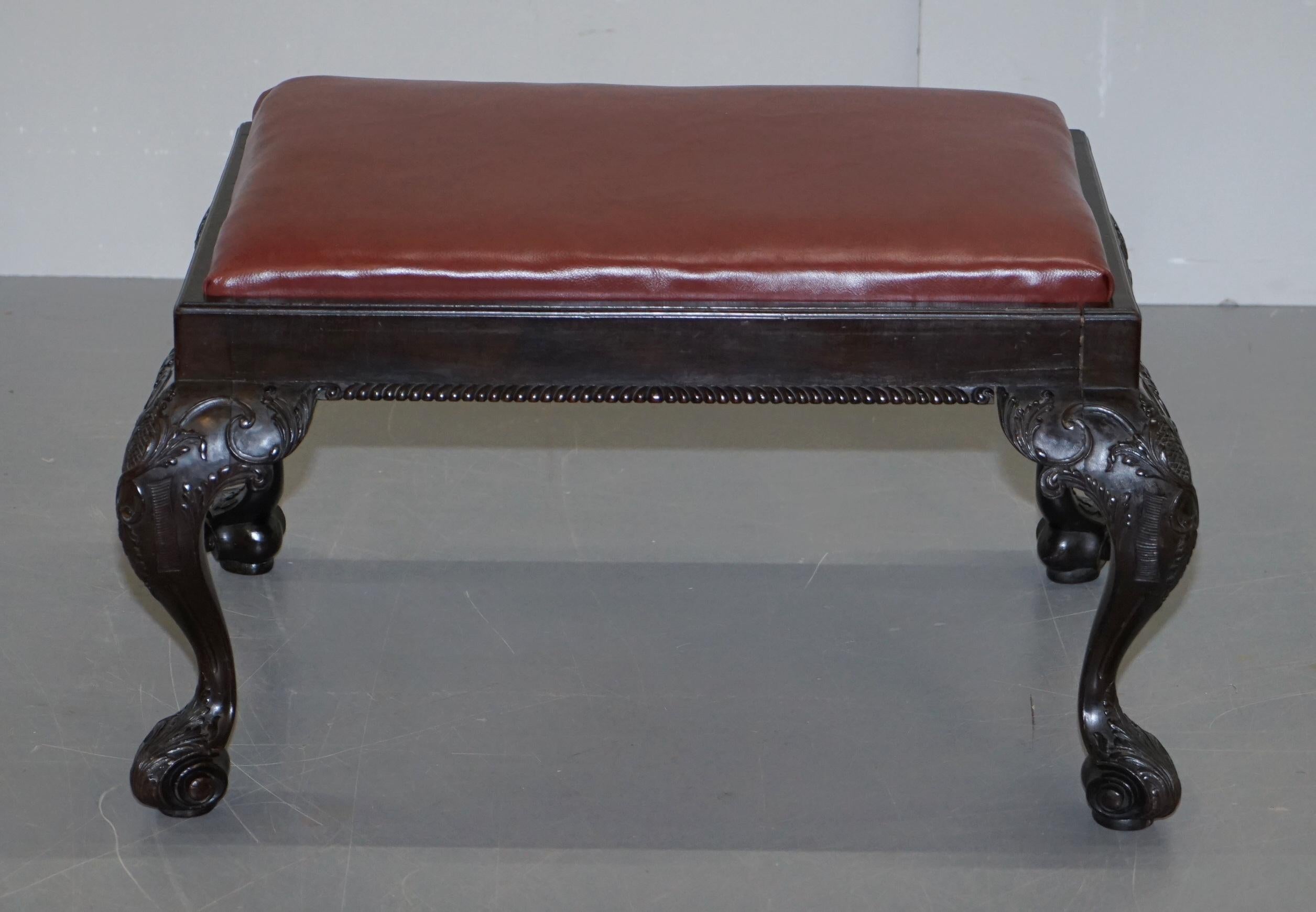 We are delighted to offer for sale this lovely Georgian circa 1820 hand carved English footstool with new leather upholstery

A very good looking and well made piece, the frame is 200+ years old, you can see the hand chisel marks to the base. The
