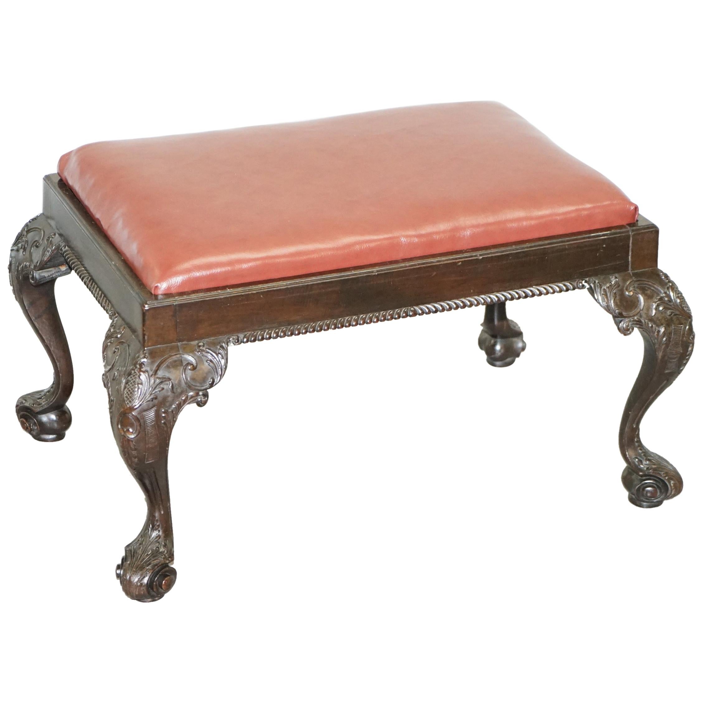 Antique Hand Carved English Georgian Claw & Ball Feet Footstool Brown Leather For Sale