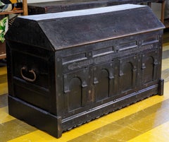 Antique Hand-Carved Baroque-Style Dutch Oak Trunk with Forged Iron Handles