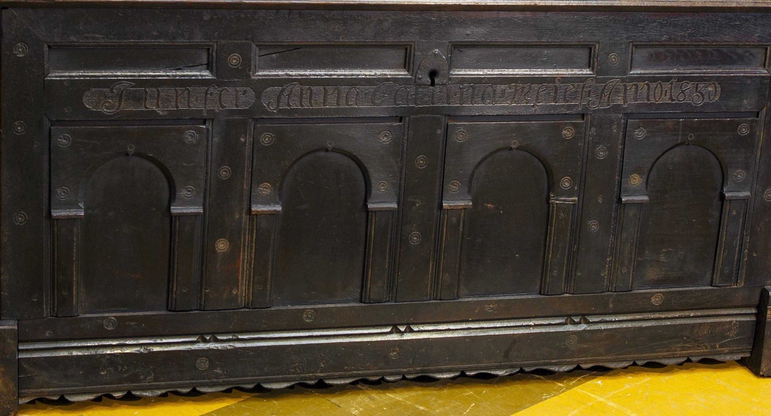 Antique Hand-Carved Baroque-Style Dutch Oak Trunk with Forged Iron Handles In Good Condition For Sale In Houston, TX