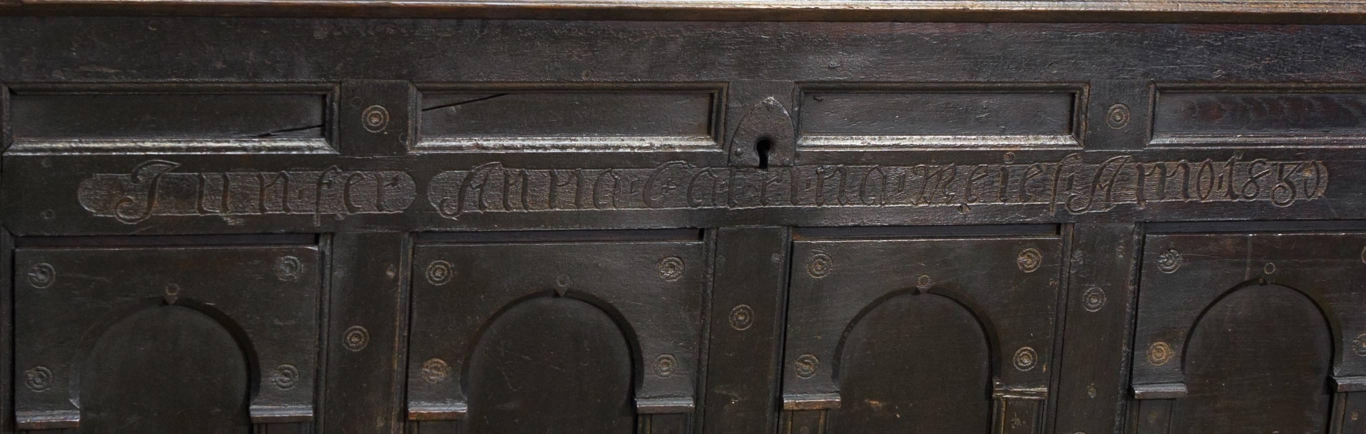 19th Century Antique Hand-Carved Baroque-Style Dutch Oak Trunk with Forged Iron Handles For Sale