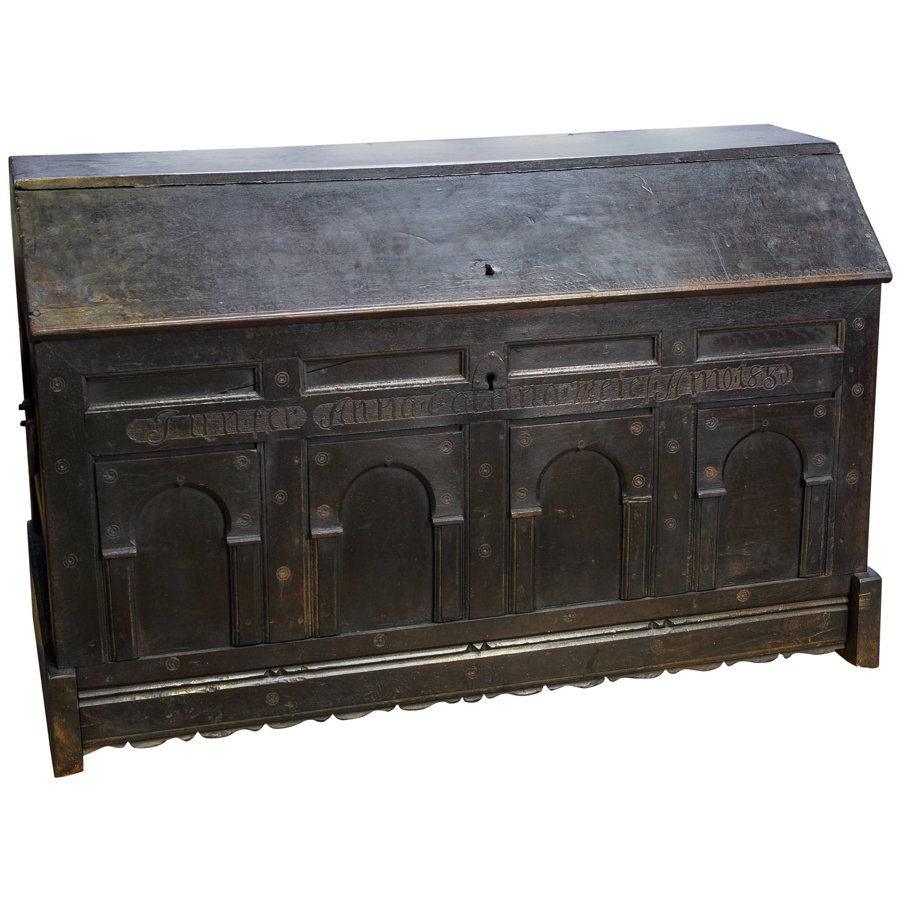 Antique Hand-Carved Baroque-Style Dutch Oak Trunk with Forged Iron Handles For Sale