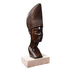 Buste féminin africain ancien sculpté à la main, ébène, figure ornementale, vers 1900