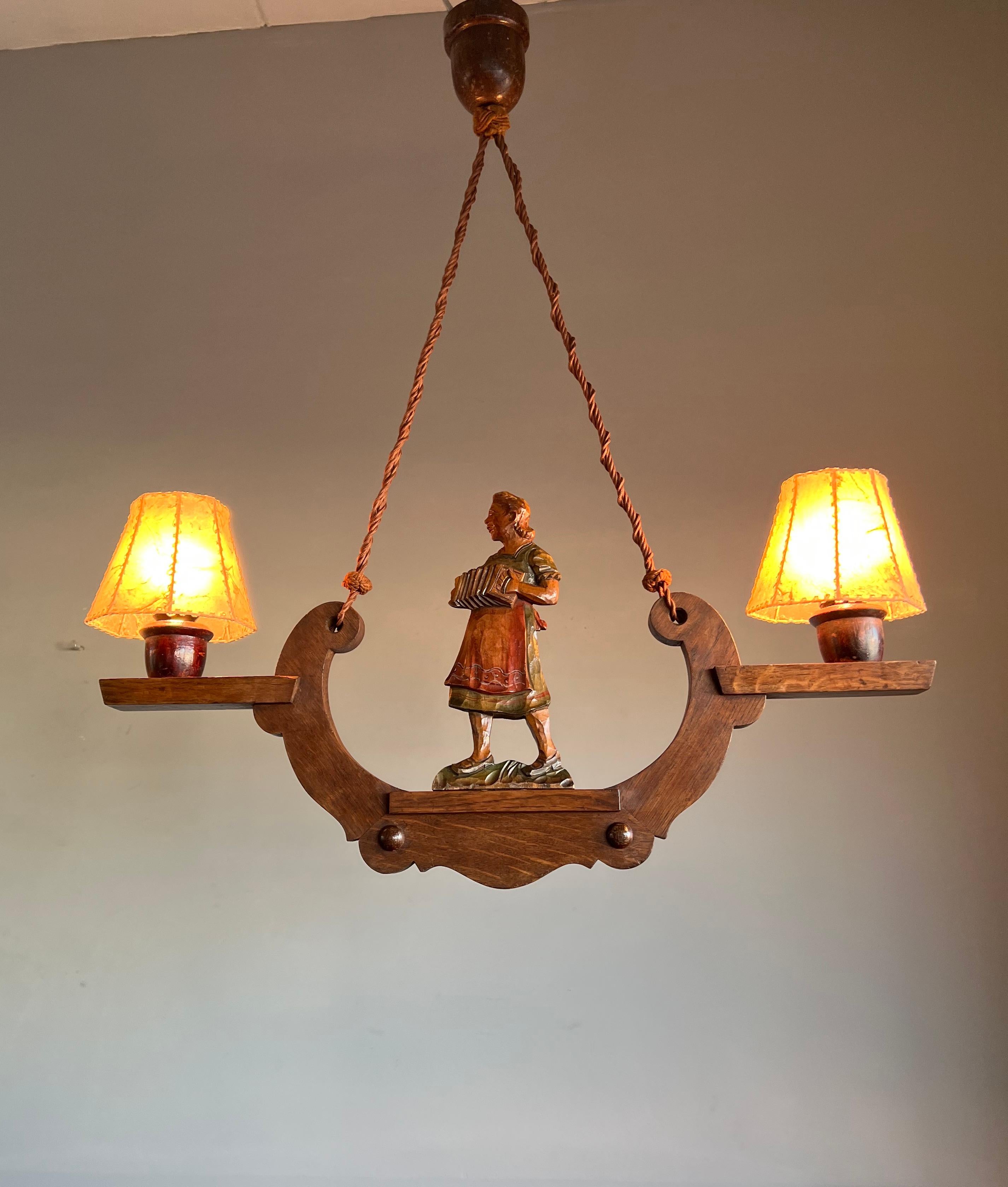 Antique Hand Carved Folk Art Pendant Light w. Accordion Playing 'Madchen' on Top For Sale 4