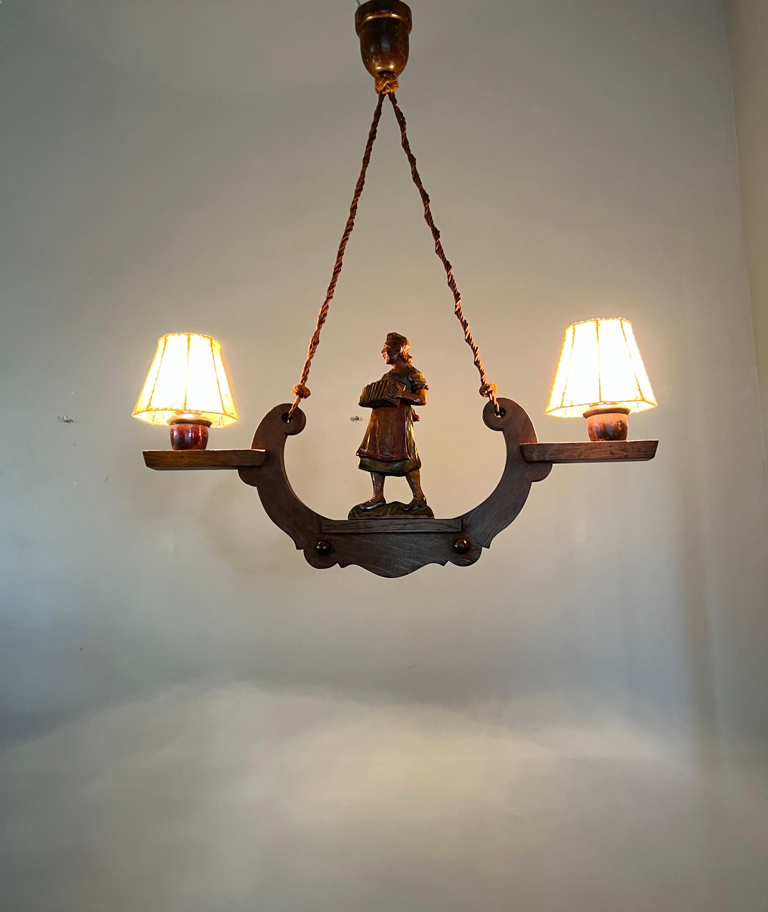 Antique Hand Carved Folk Art Pendant Light w. Accordion Playing 'Madchen' on Top For Sale 6