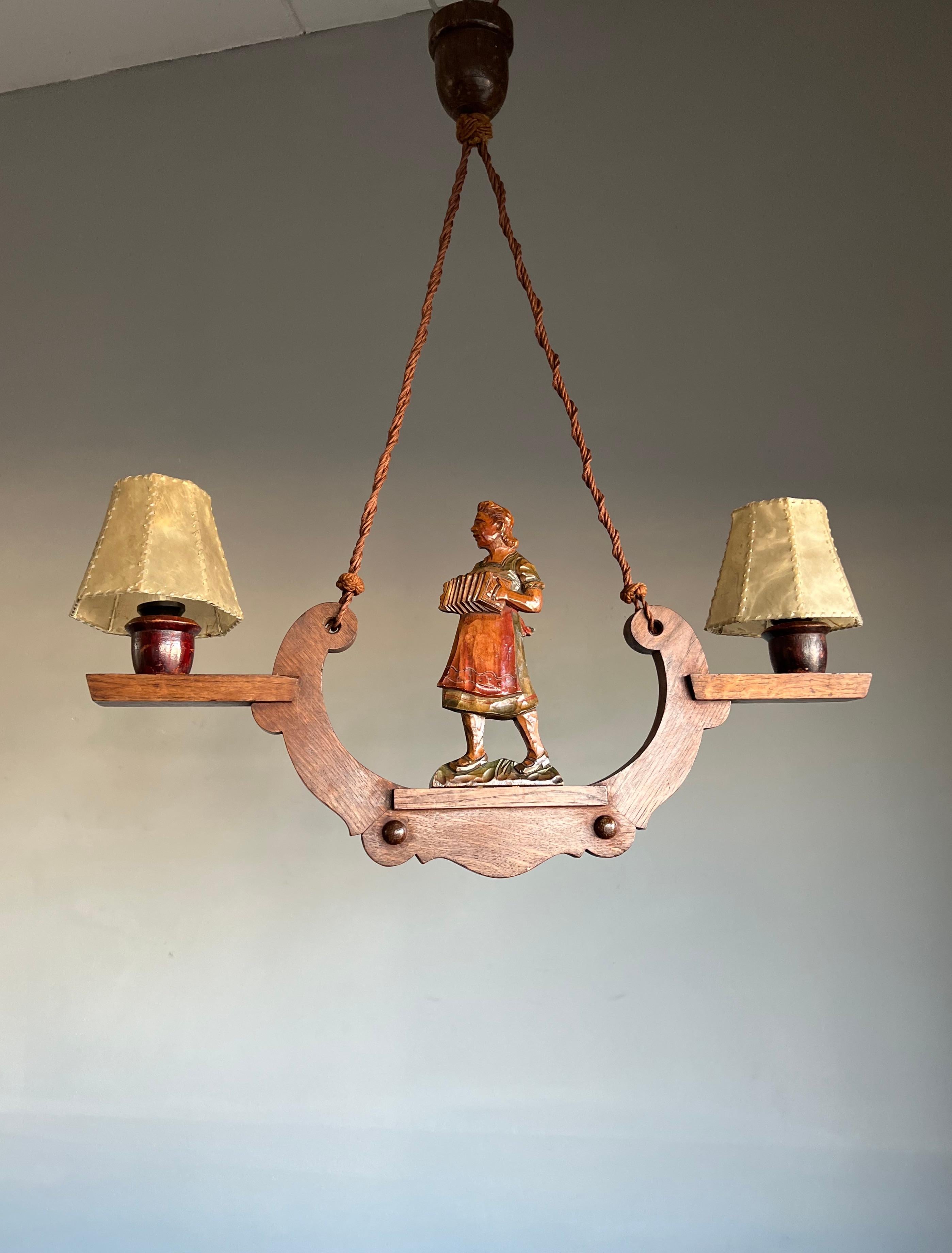 Rare and beautifully handcrafted Arts & Crafts light fixture for black forest enthousiasts.

If you are looking for unique antiques that tell something about life in different parts of the world AND that bring a smile to your face then this typical