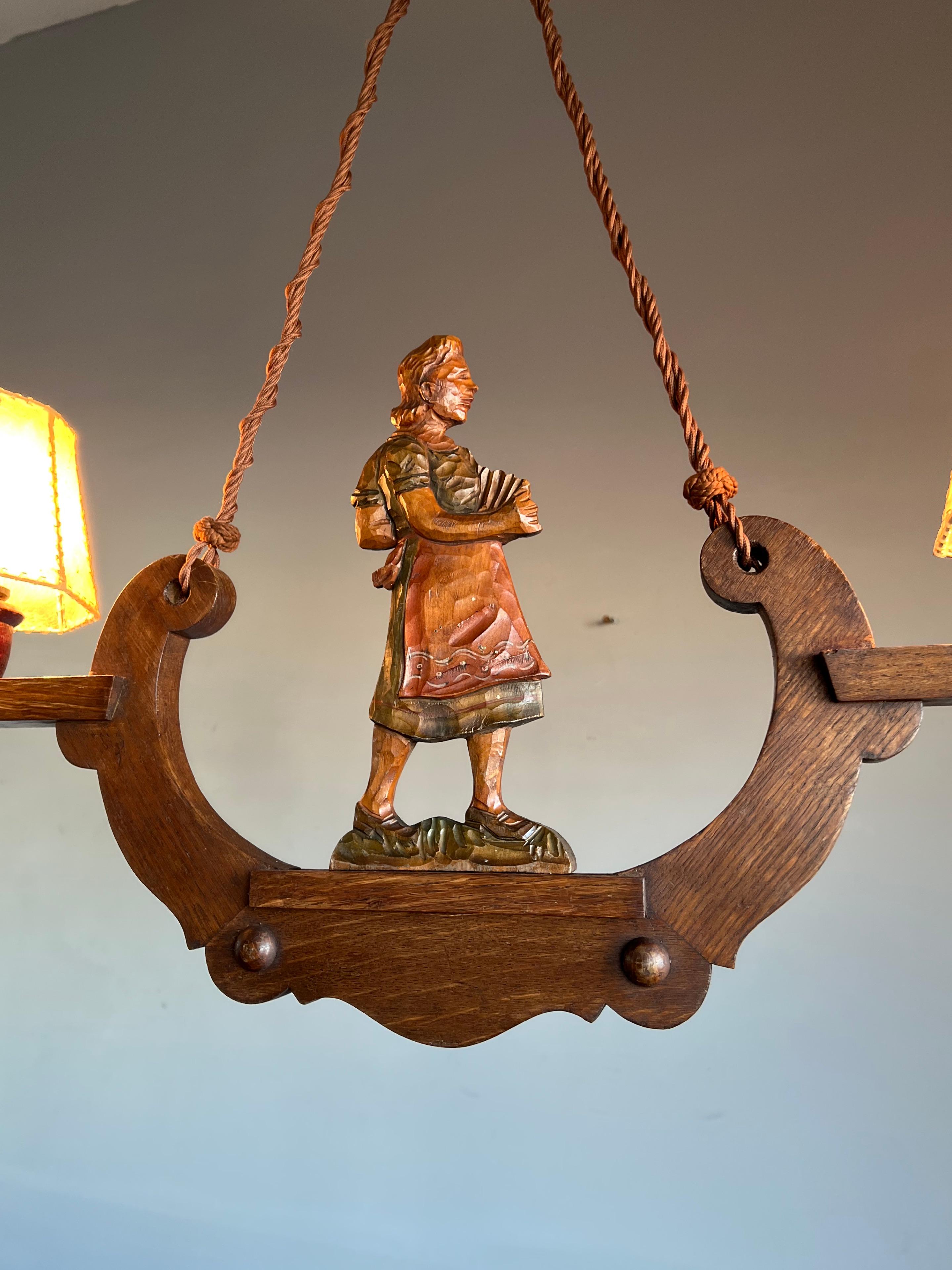 Austrian Antique Hand Carved Folk Art Pendant Light w. Accordion Playing 'Madchen' on Top For Sale