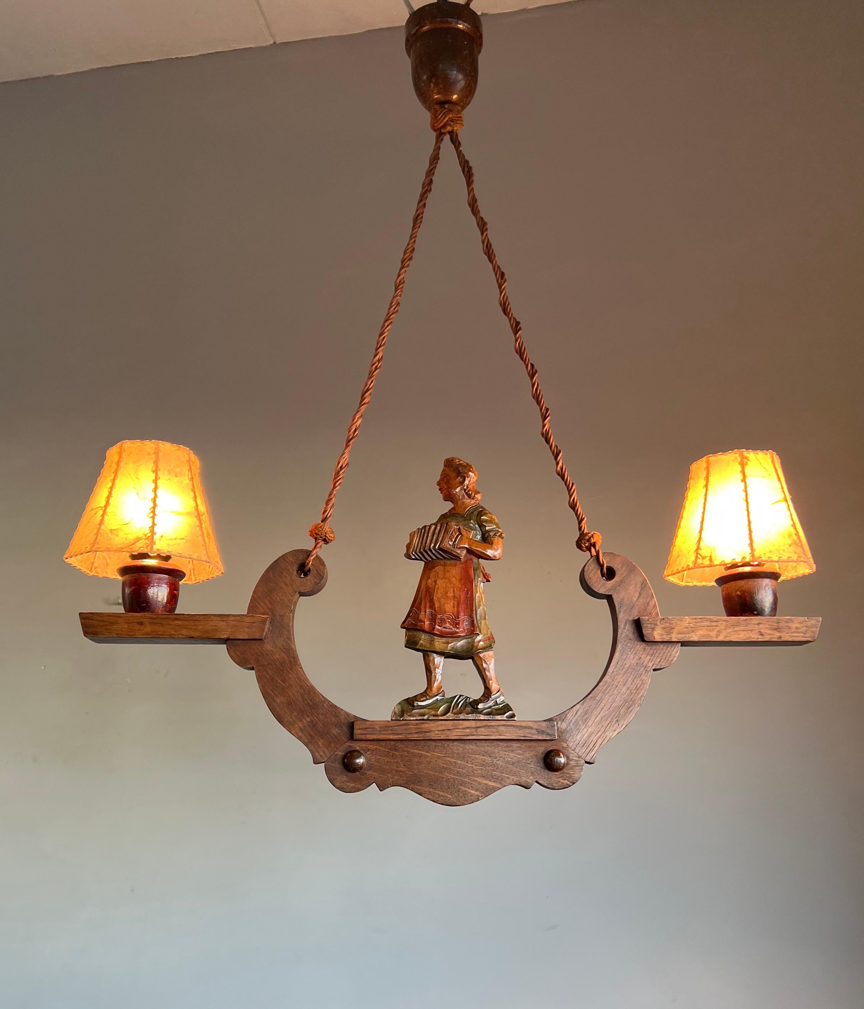 20th Century Antique Hand Carved Folk Art Pendant Light w. Accordion Playing 'Madchen' on Top For Sale