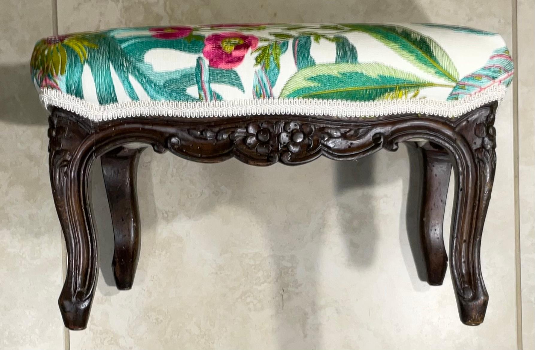 Cotton Antique Hand Carved Foot Stool For Sale