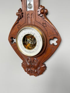 Antique Hand Carved French Gothic Revival Barometer Thermometer w. Great Details