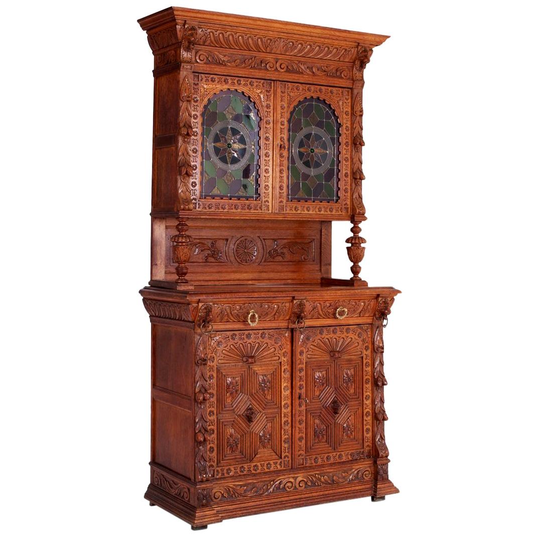 Antique Hand Carved French Henri II Style Oak Cabinet For Sale