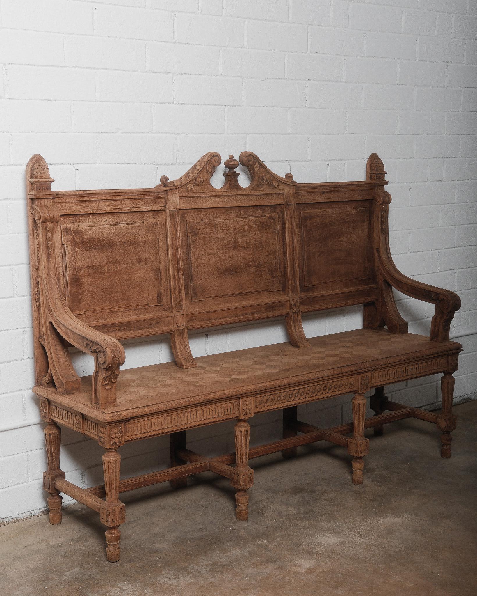 Antique Hand-Carved French Oak Bench with High Back In Good Condition For Sale In High Point, NC