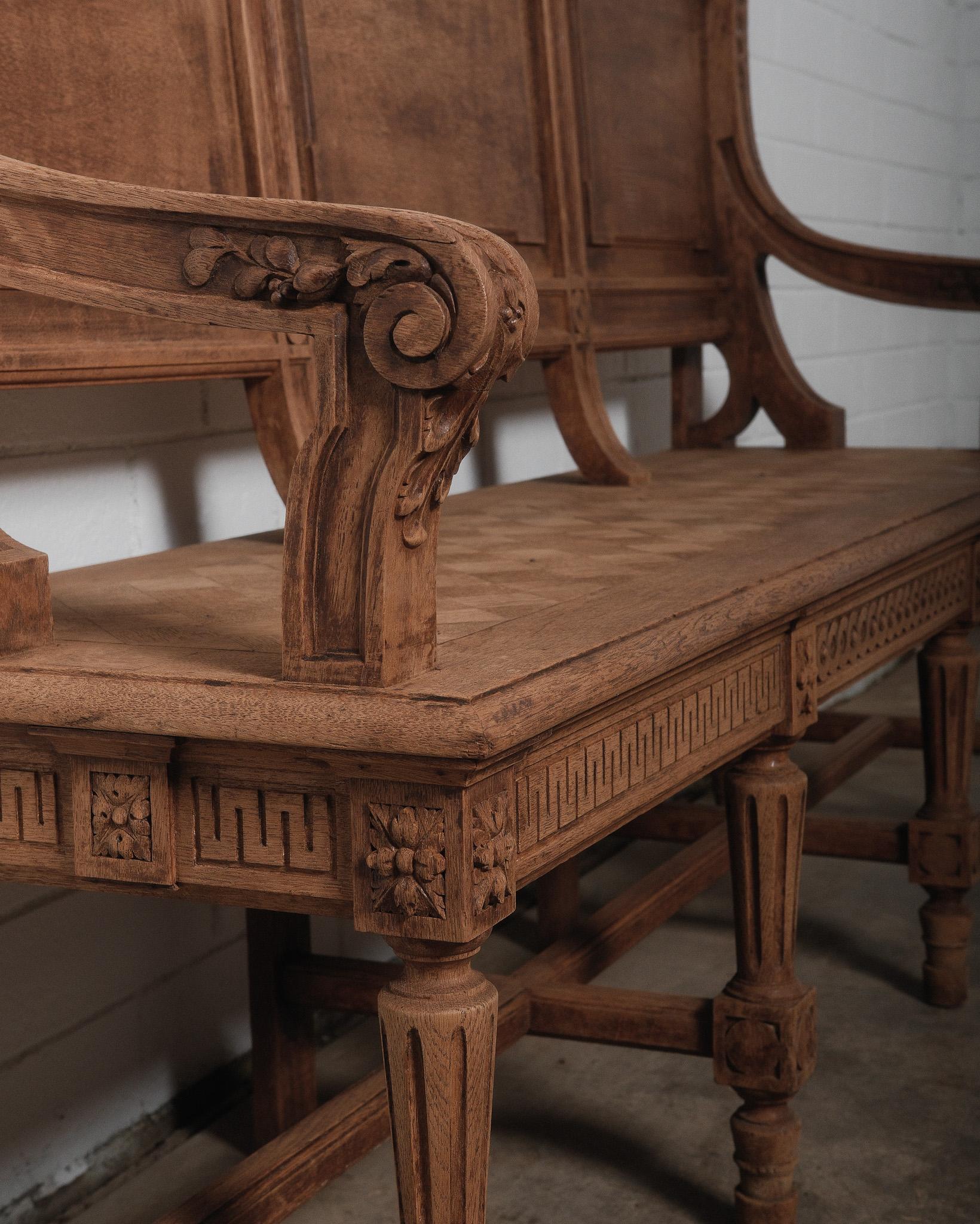 19th Century Antique Hand-Carved French Oak Bench with High Back For Sale