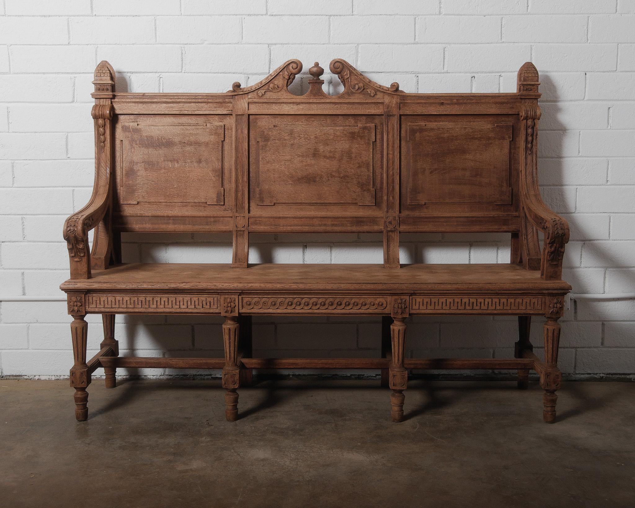 Antique Hand-Carved French Oak Bench with High Back For Sale 1