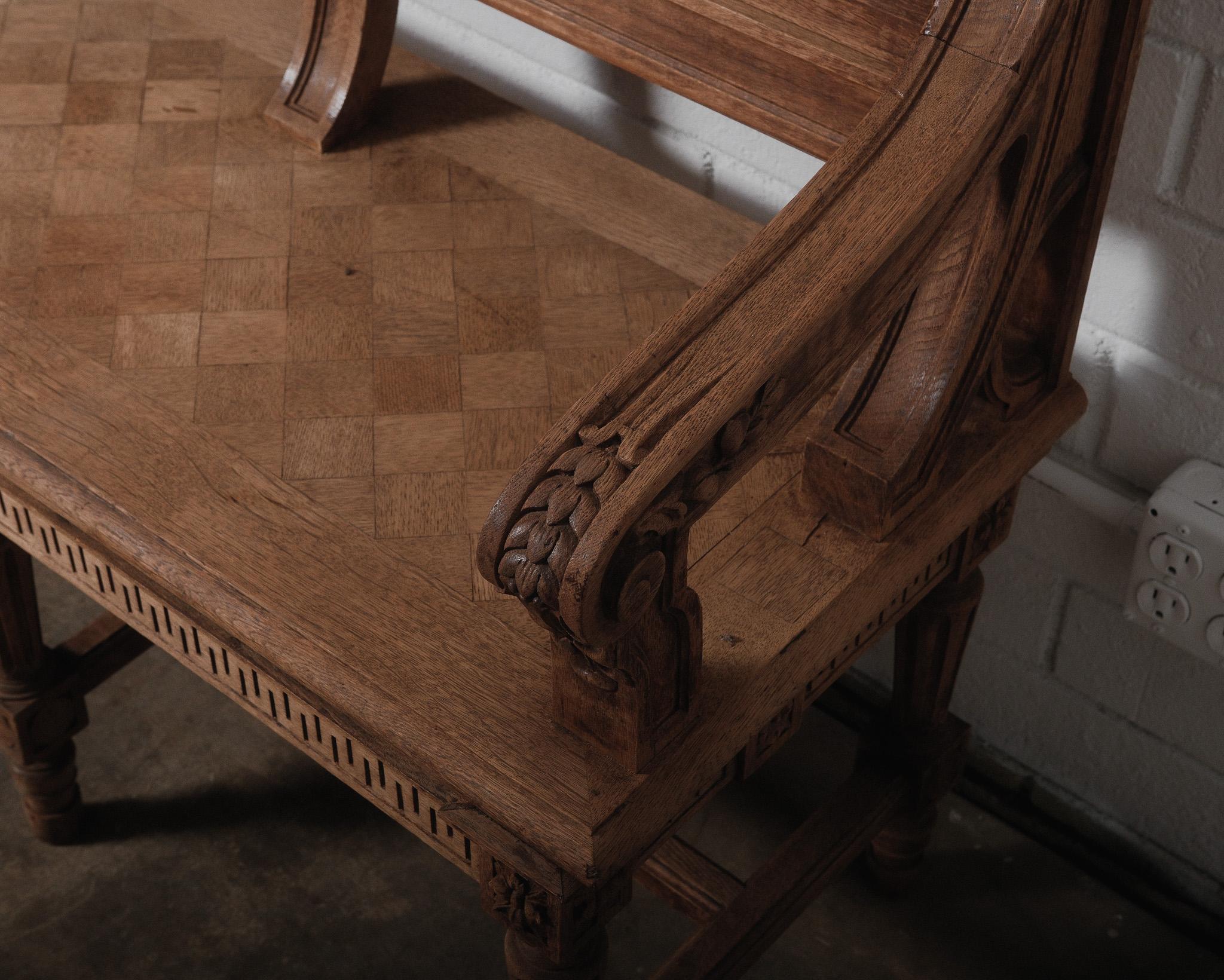 Antique Hand-Carved French Oak Bench with High Back For Sale 2