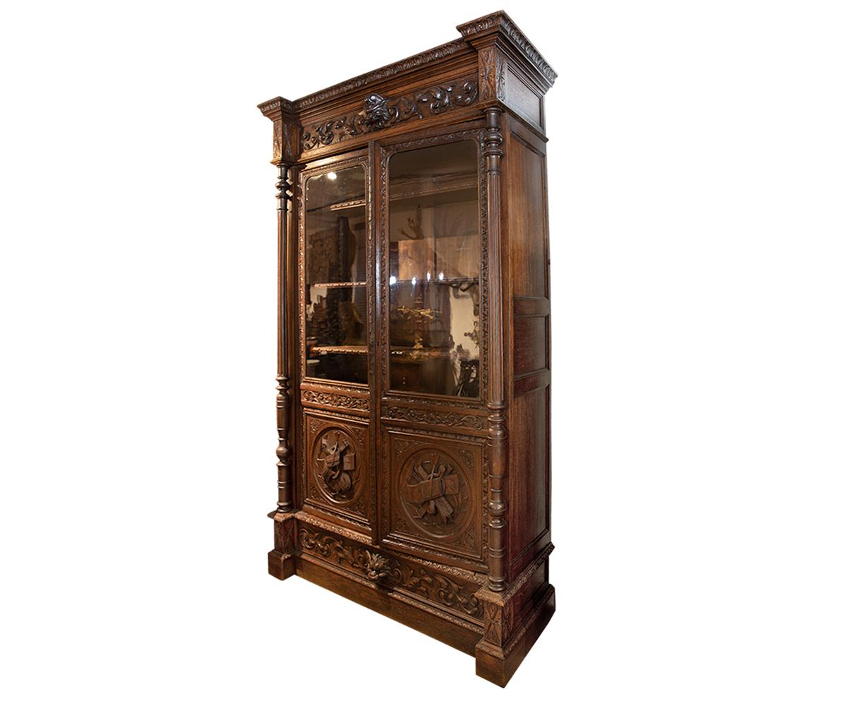 Louis XVI Antique Hand Carved French Oak Two Doors Bookcase For Sale
