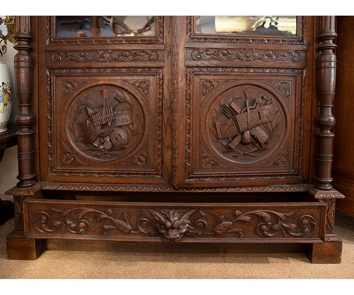 Hand-Carved Antique Hand Carved French Oak Two Doors Bookcase For Sale