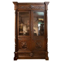 Antique Hand Carved French Oak Two Doors Bookcase