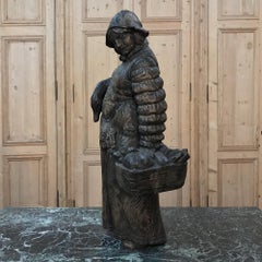 Antique Hand-Carved French Wood Statue of Becassine