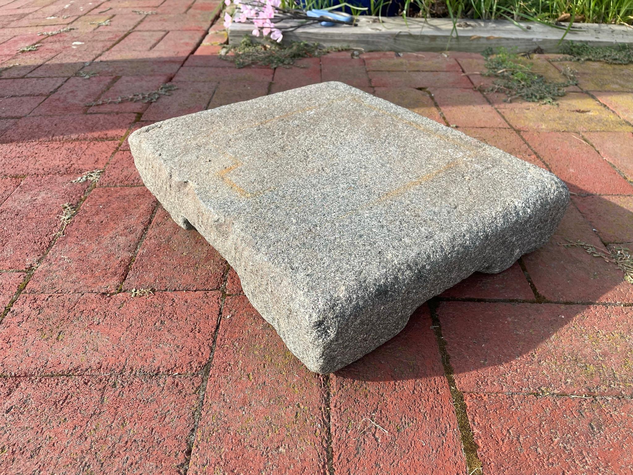 An ideal garden ornament, sturdy weather proof planter display base or a rock solid all weather stone base for a special sculpture.

From China, comes this large 14.5 inch rectangular hand-carved footed garden stone from the 19th century or