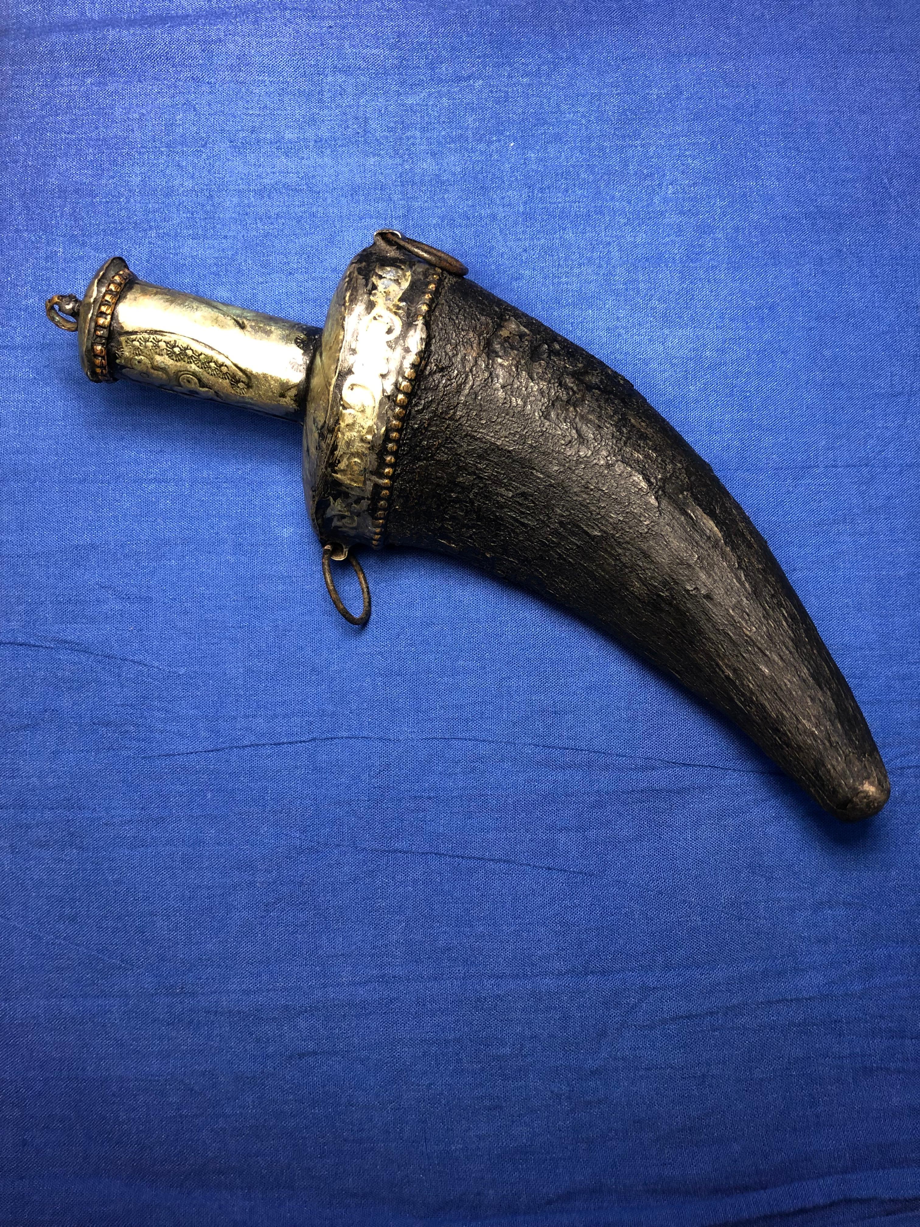 More than 100 years old, this hollowed-out gazelle Horn was not used for gunpowder as one might think, but instead for kohl powder. Sourced from Zagora, Morocco at the start of the Sahara desert, women would use kohl both to enhance their beauty as