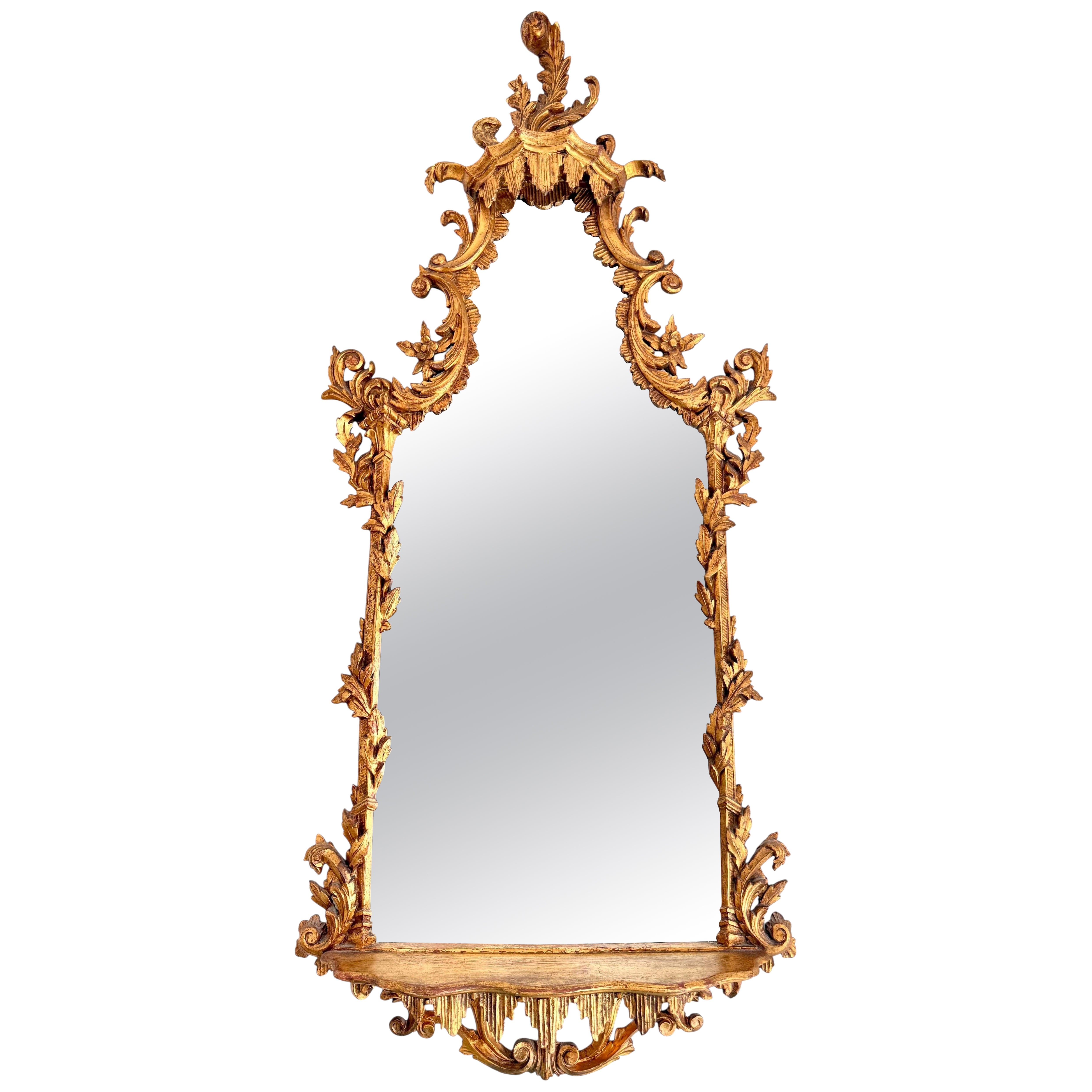 Antique Hand Carved & Gilded Grotto Style Italian Mirror with Shelf