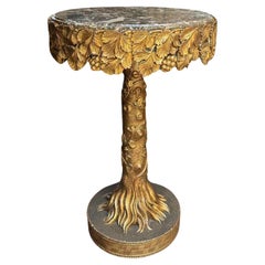 Antique Hand Carved Gilded Wood Gueridon Side Center Table & Round Marble Top