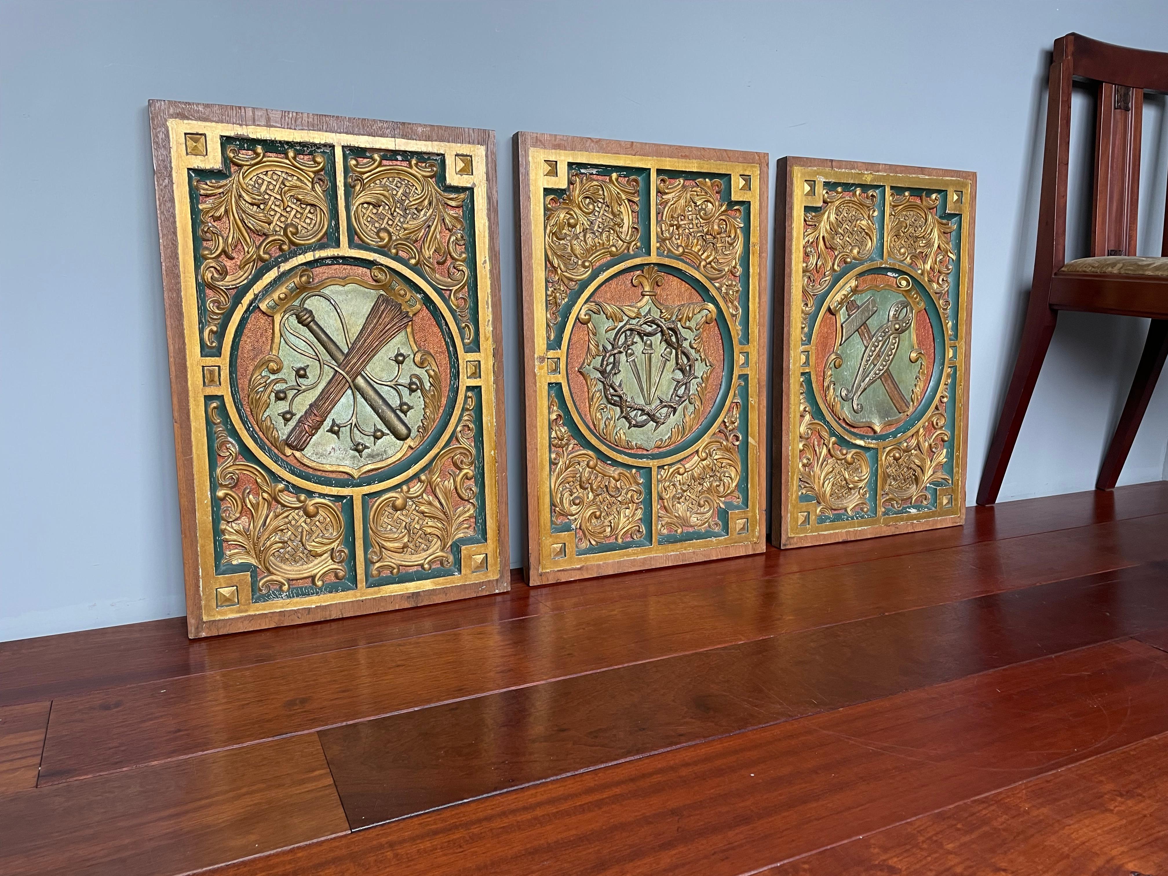 Antique Hand Carved, Gilt and Painted Solid Oak Panels with Arma Christi Symbols For Sale 4
