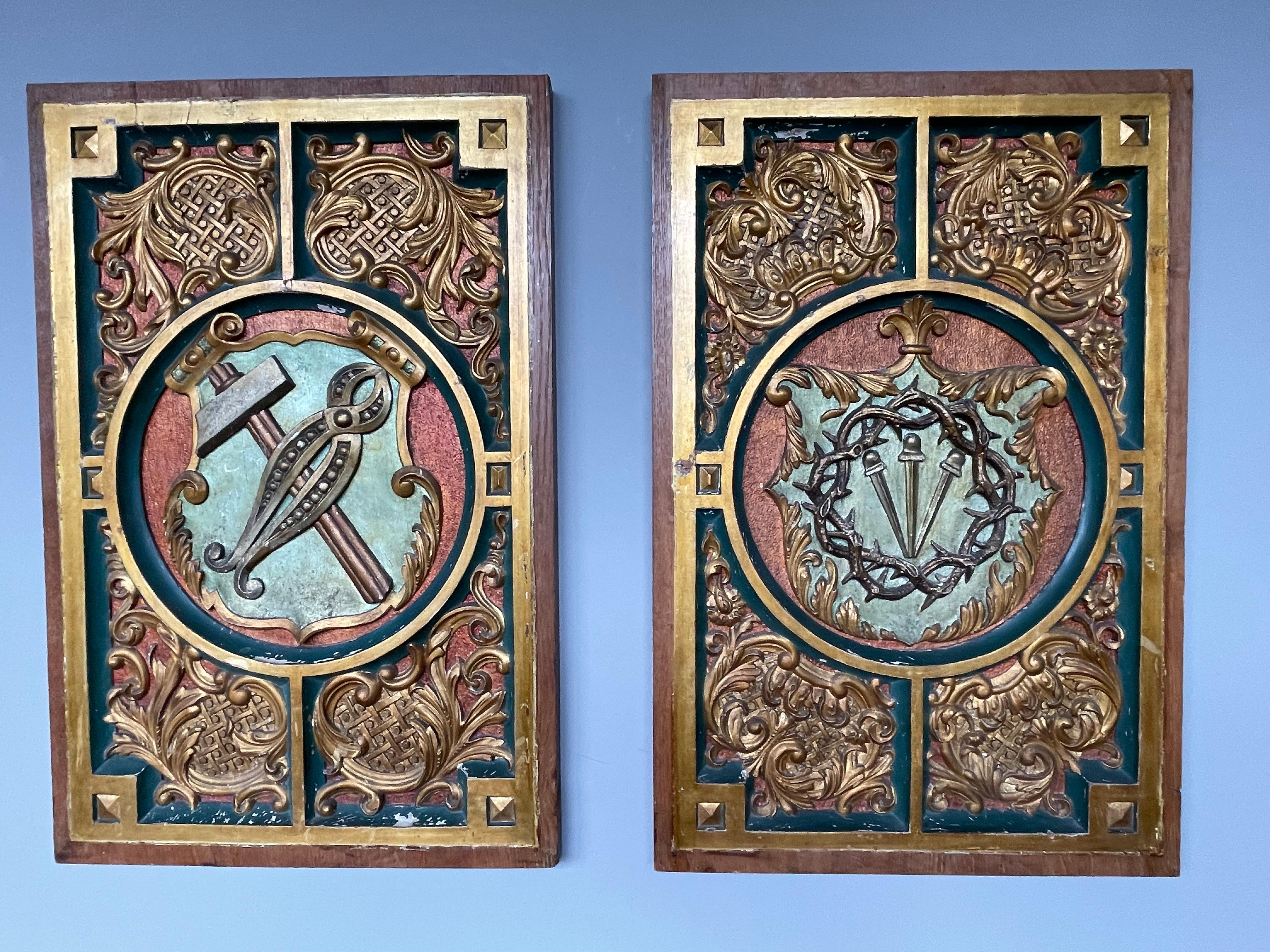 Antique Hand Carved, Gilt and Painted Solid Oak Panels with Arma Christi Symbols For Sale 5