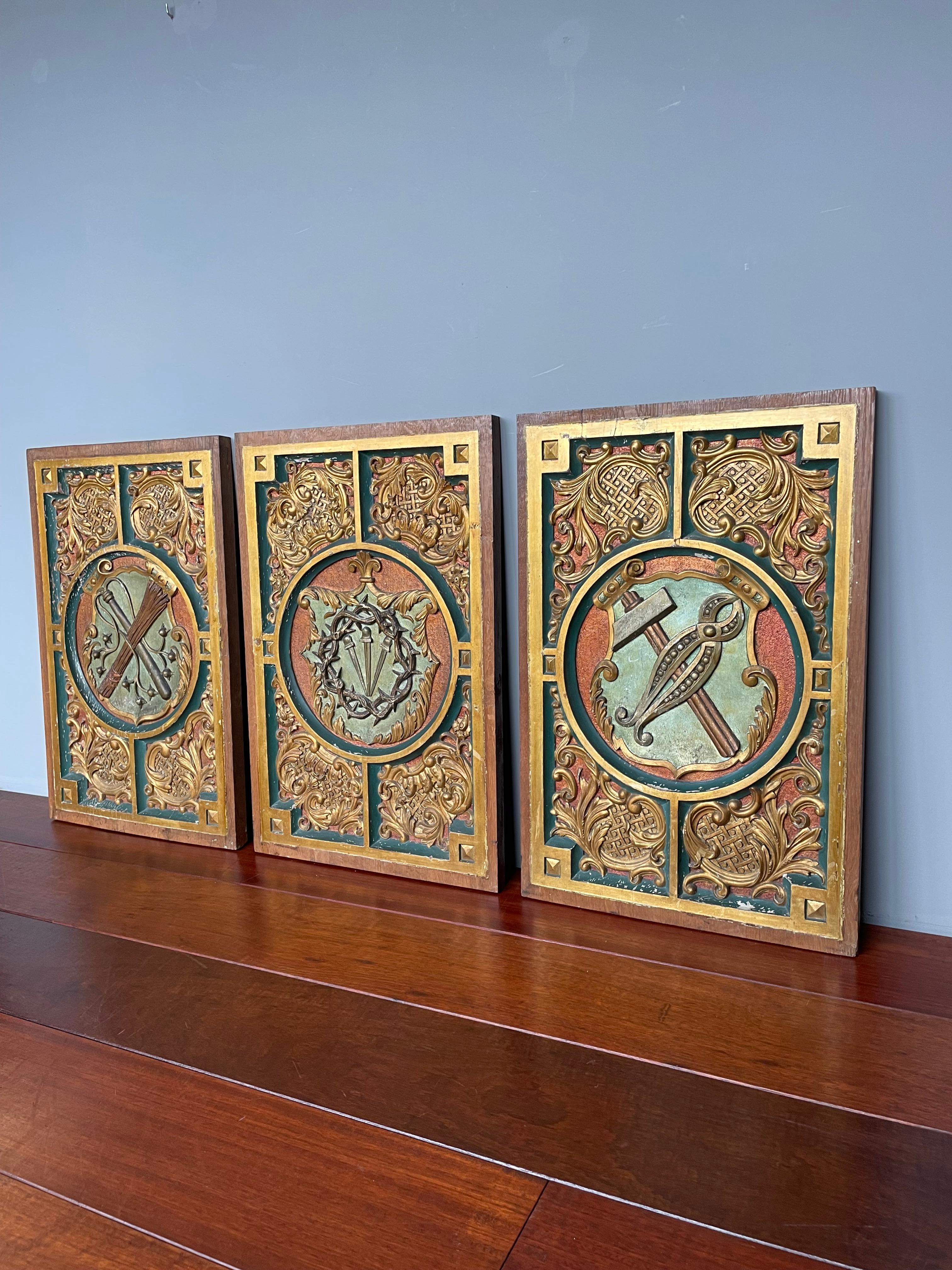 Antique Hand Carved, Gilt and Painted Solid Oak Panels with Arma Christi Symbols For Sale 7