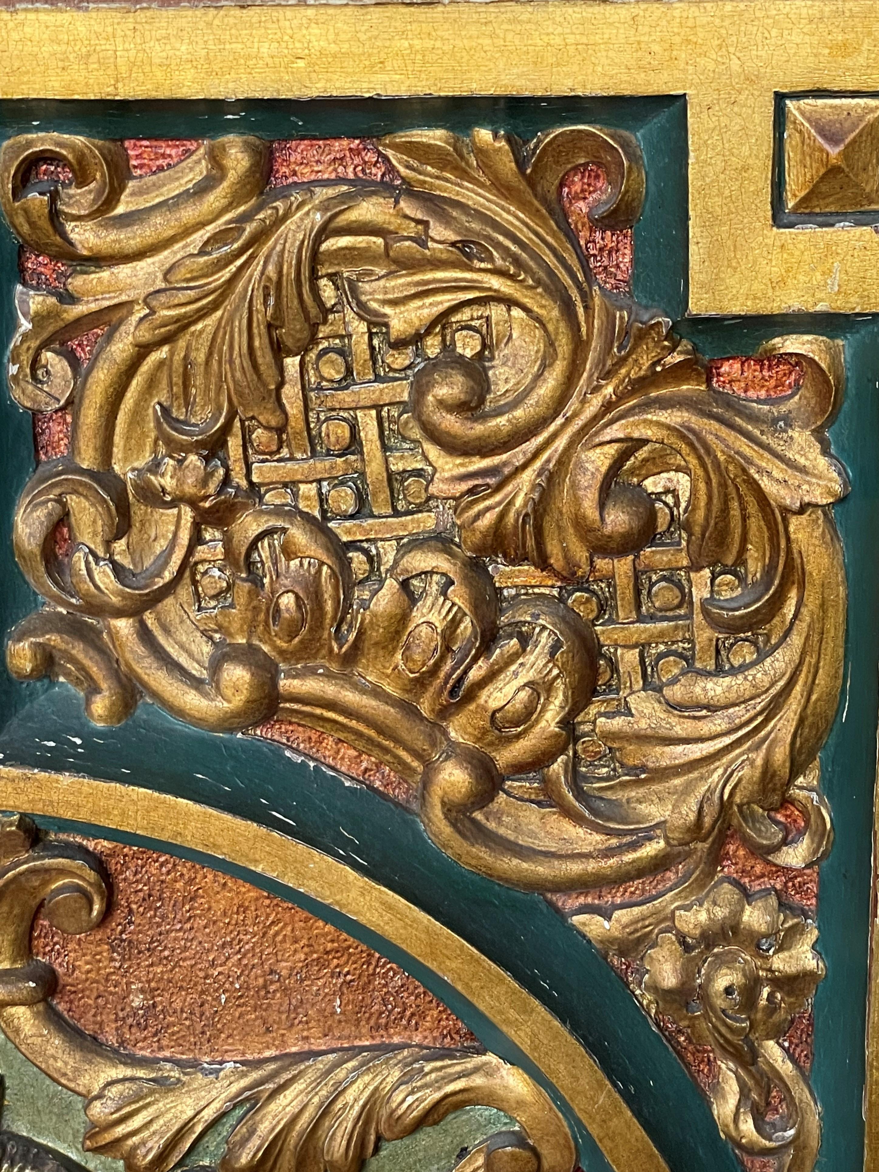 Antike, handgeschnitzte, vergoldete und bemalte Paneele aus massiver Eiche mit Arma Christi-Symbolen im Angebot 9